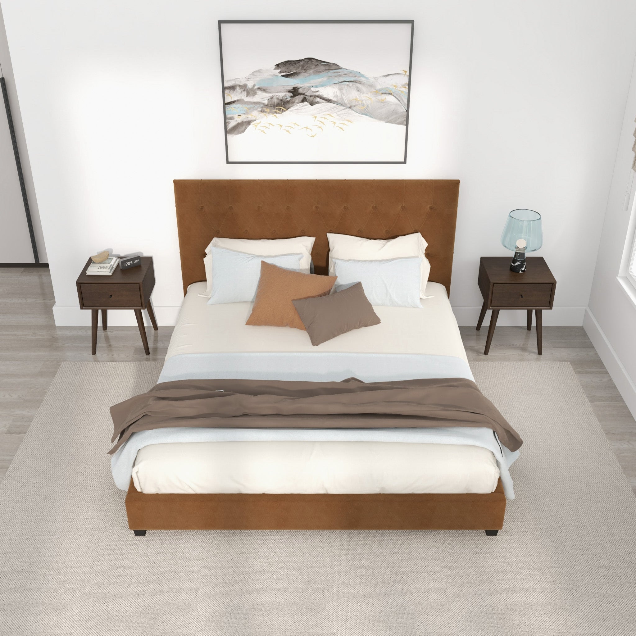 Eldridge King Cognac Velvet Platform Bed - MidinMod