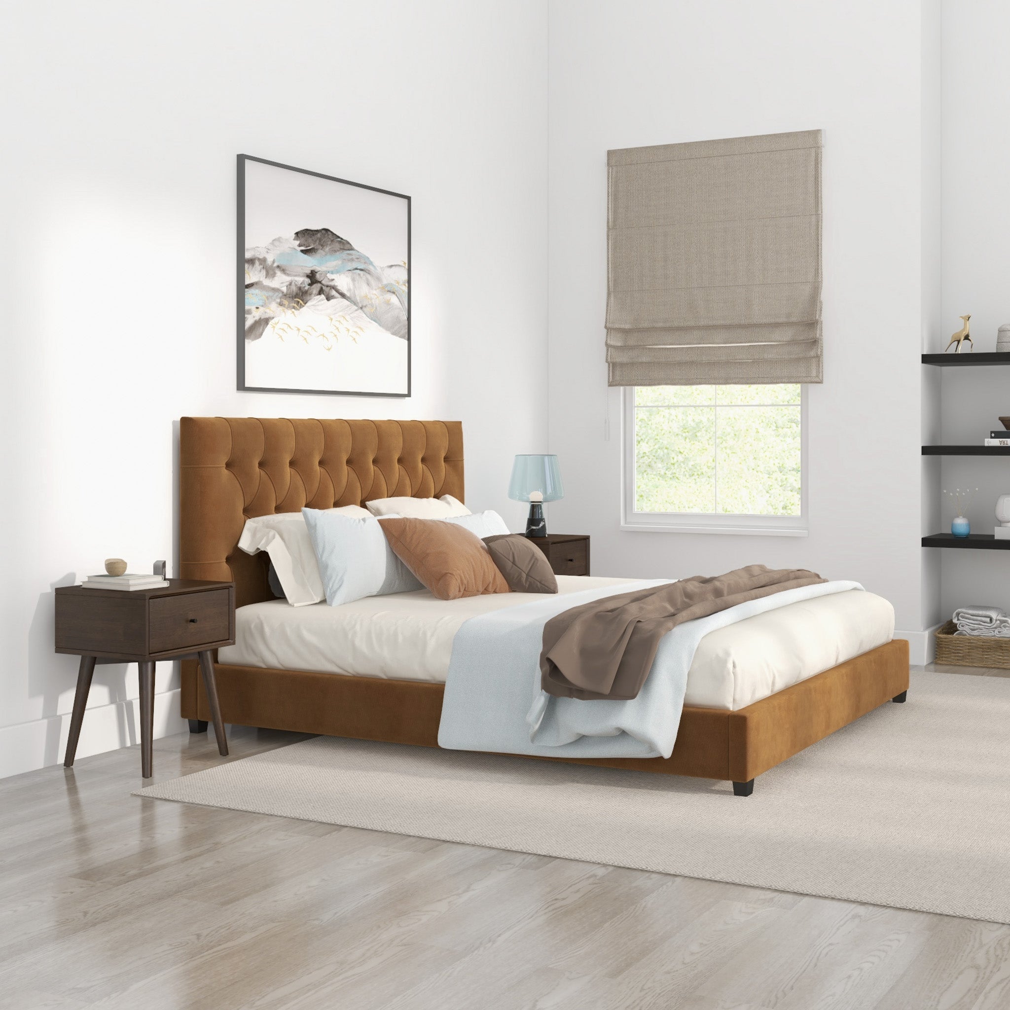 Eldridge King Cognac Velvet Platform Bed - MidinMod