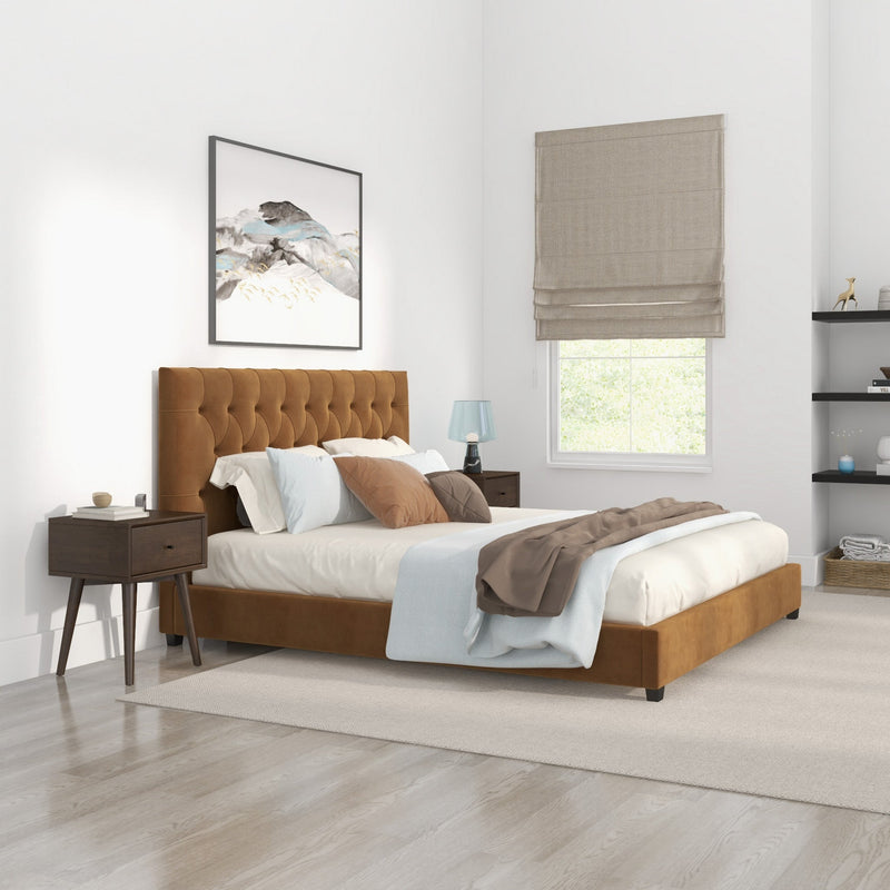 Eldridge King Size Cognac Velvet Platform Bed  | MidinMod | Houston TX | Best Furniture stores in Houston