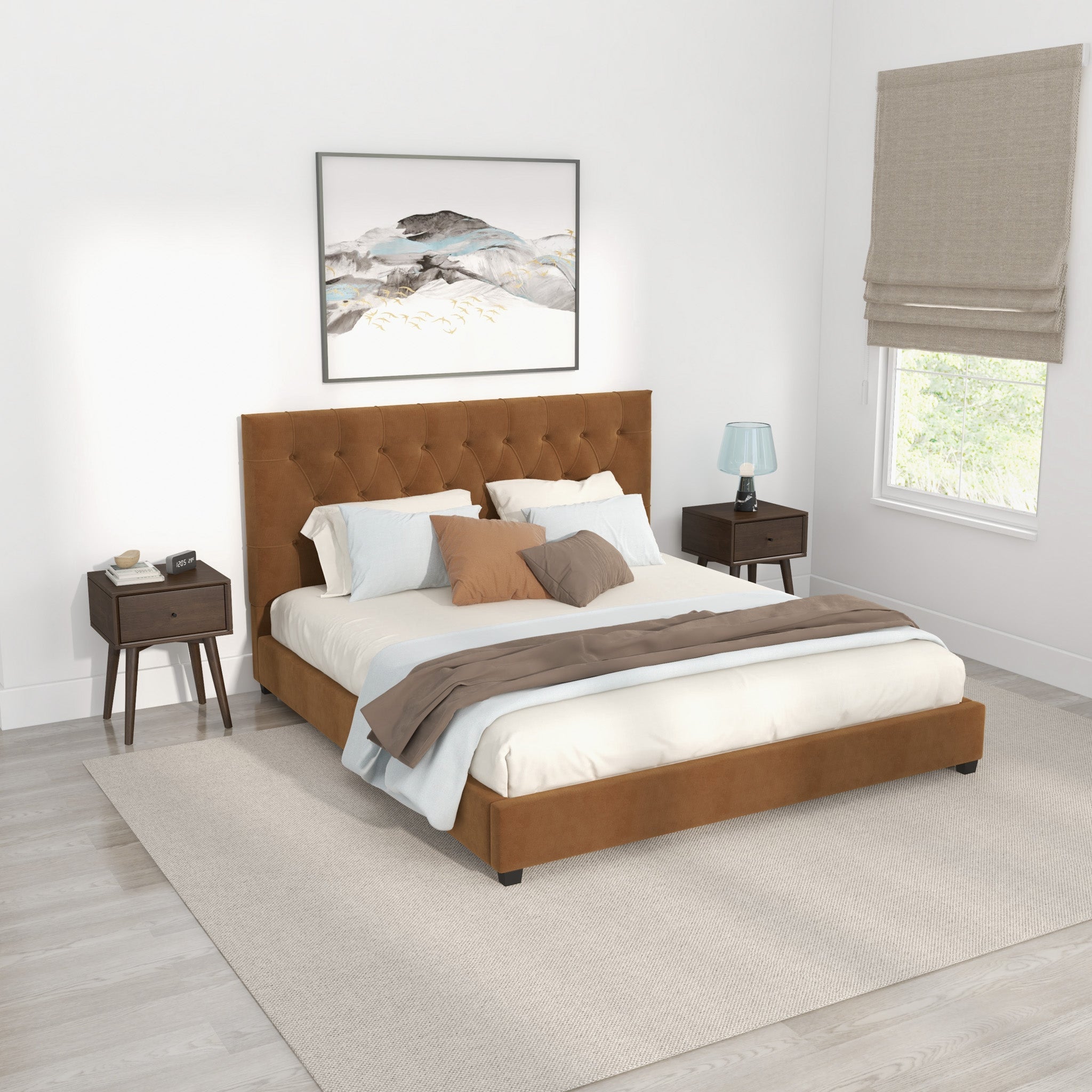 Eldridge King Cognac Velvet Platform Bed - MidinMod