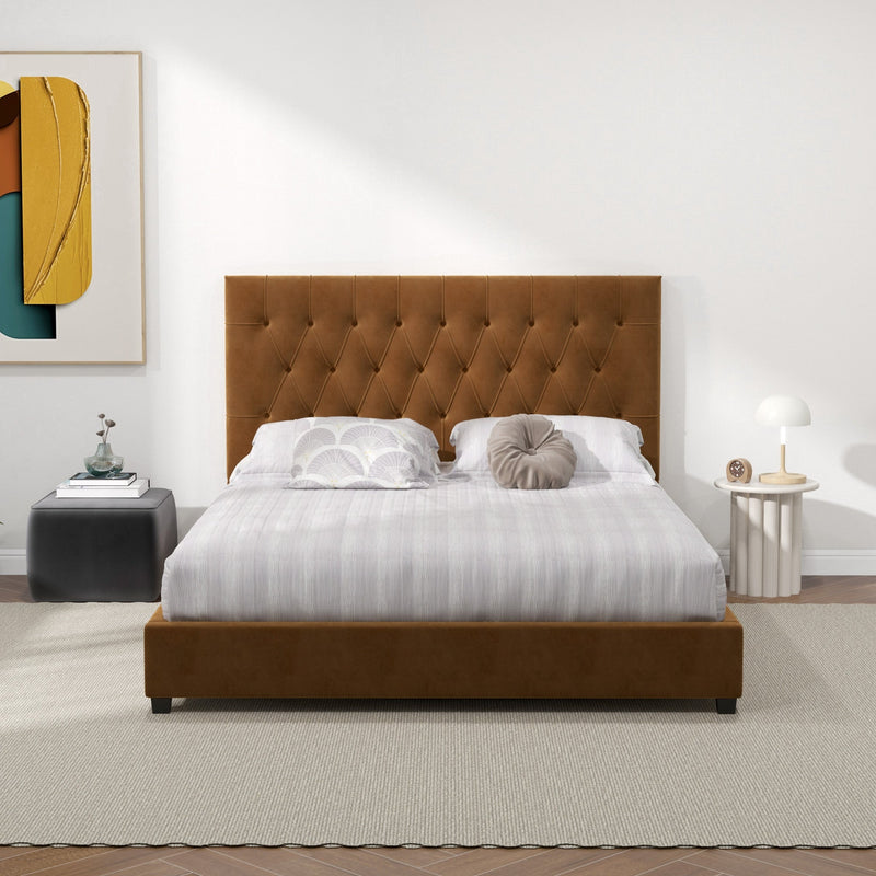 Eldridge Queen Size Cognac Velvet Platform Bed  | MidinMod | TX | Best Furniture stores in Houston