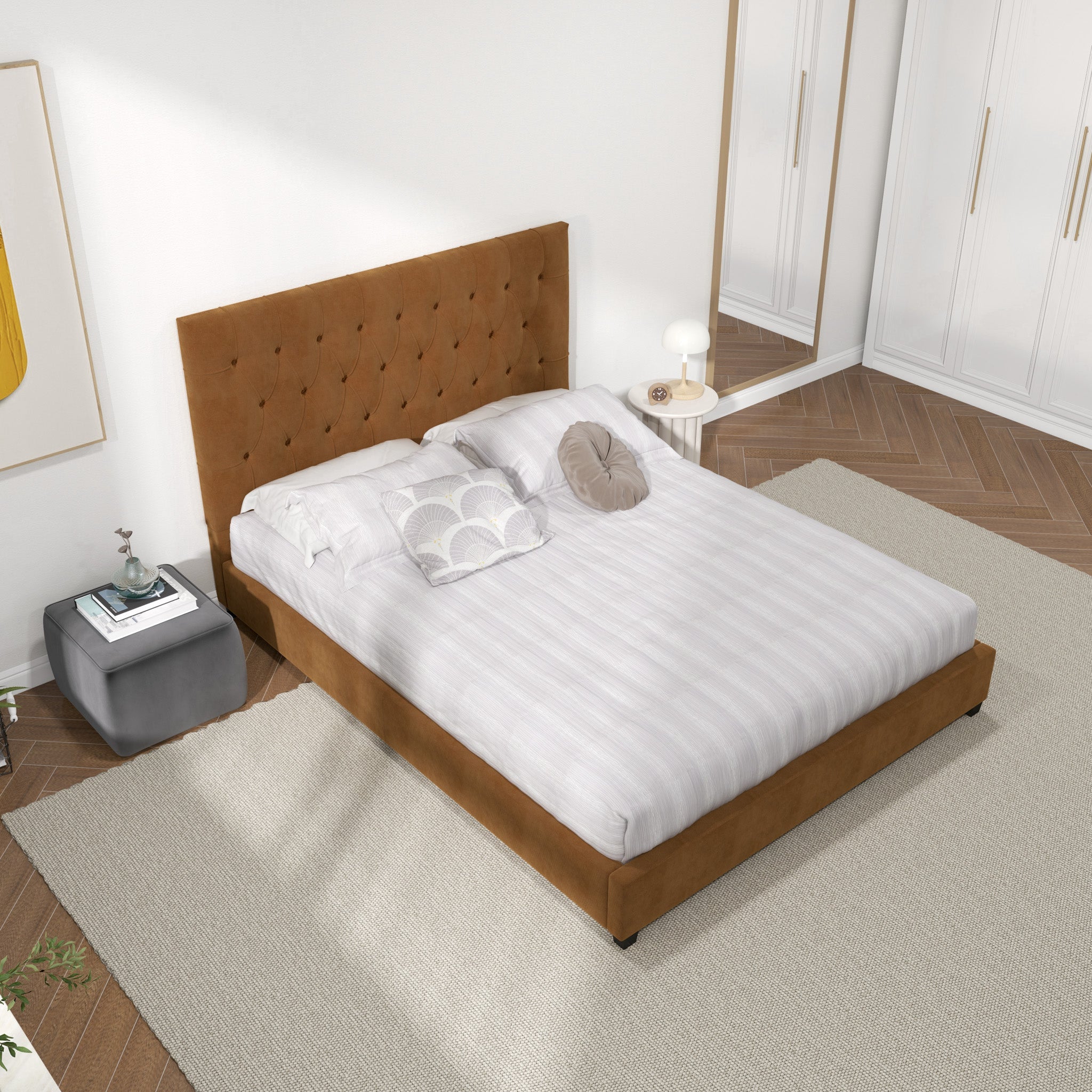 Eldridge Queen Cognac Velvet Platform Bed - MidinMod