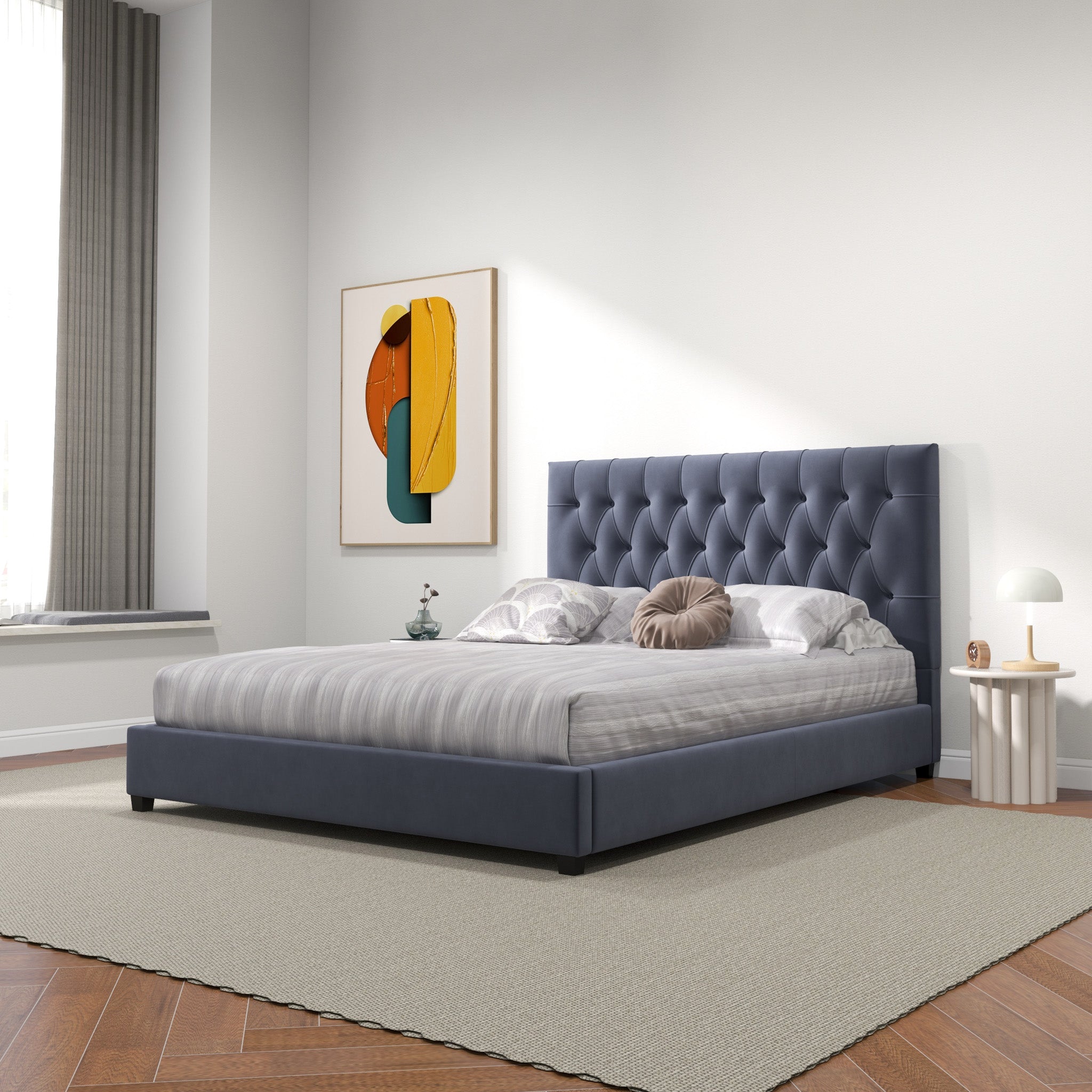 Grey velvet shop platform bed