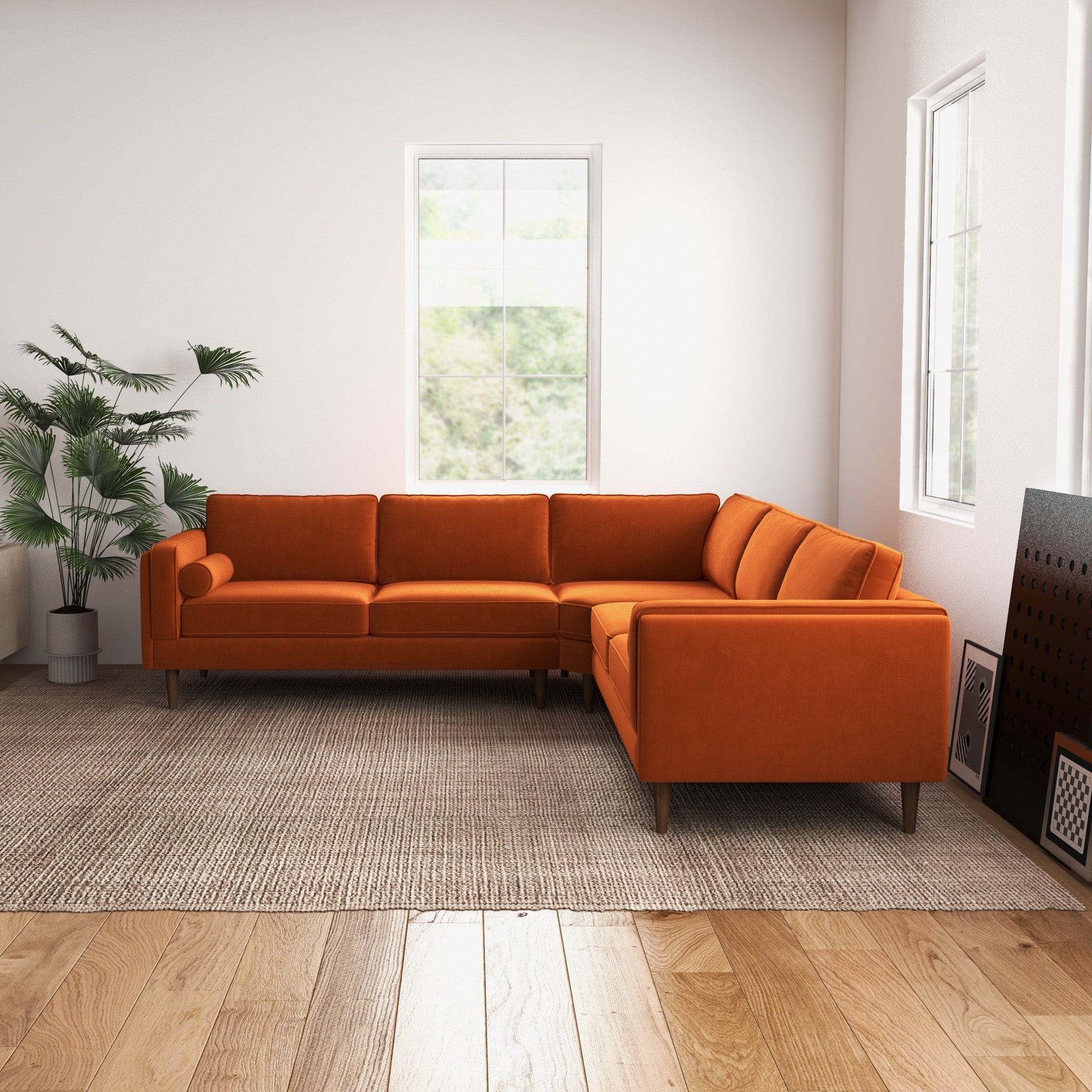 Fordham Orange Velvet Symmetrical Corner Sofa - MidinMod