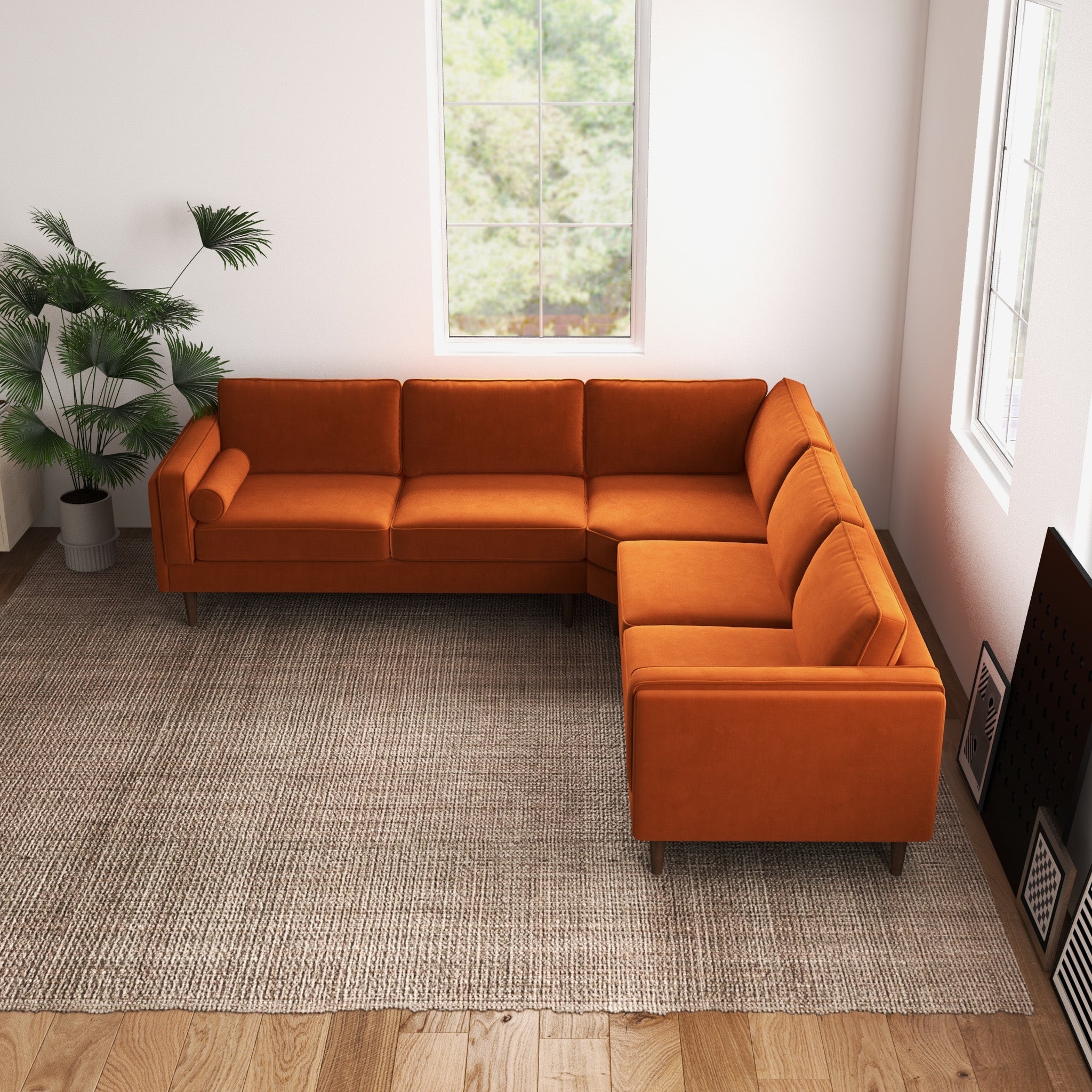 Fordham Orange Velvet Symmetrical Corner Sofa - MidinMod