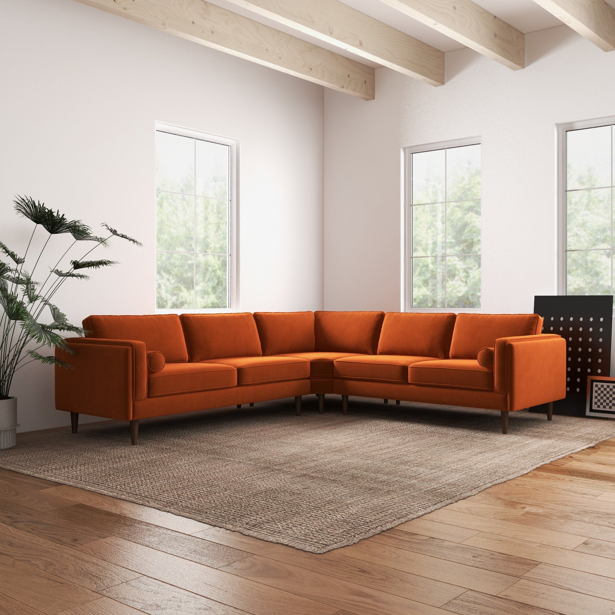 Fordham Orange Velvet Symmetrical Corner Sofa - MidinMod