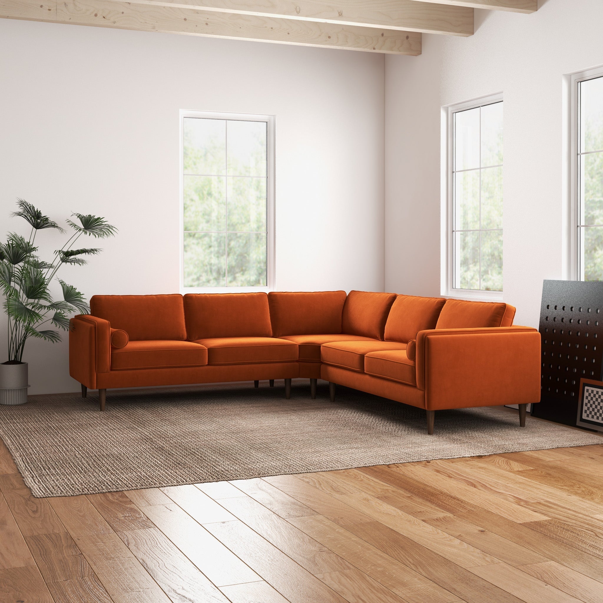 Fordham Orange Velvet Symmetrical Corner Sofa - MidinMod