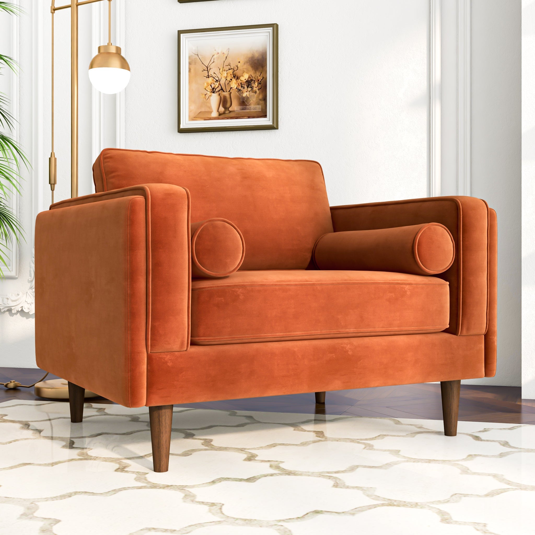 Orange store velvet armchair