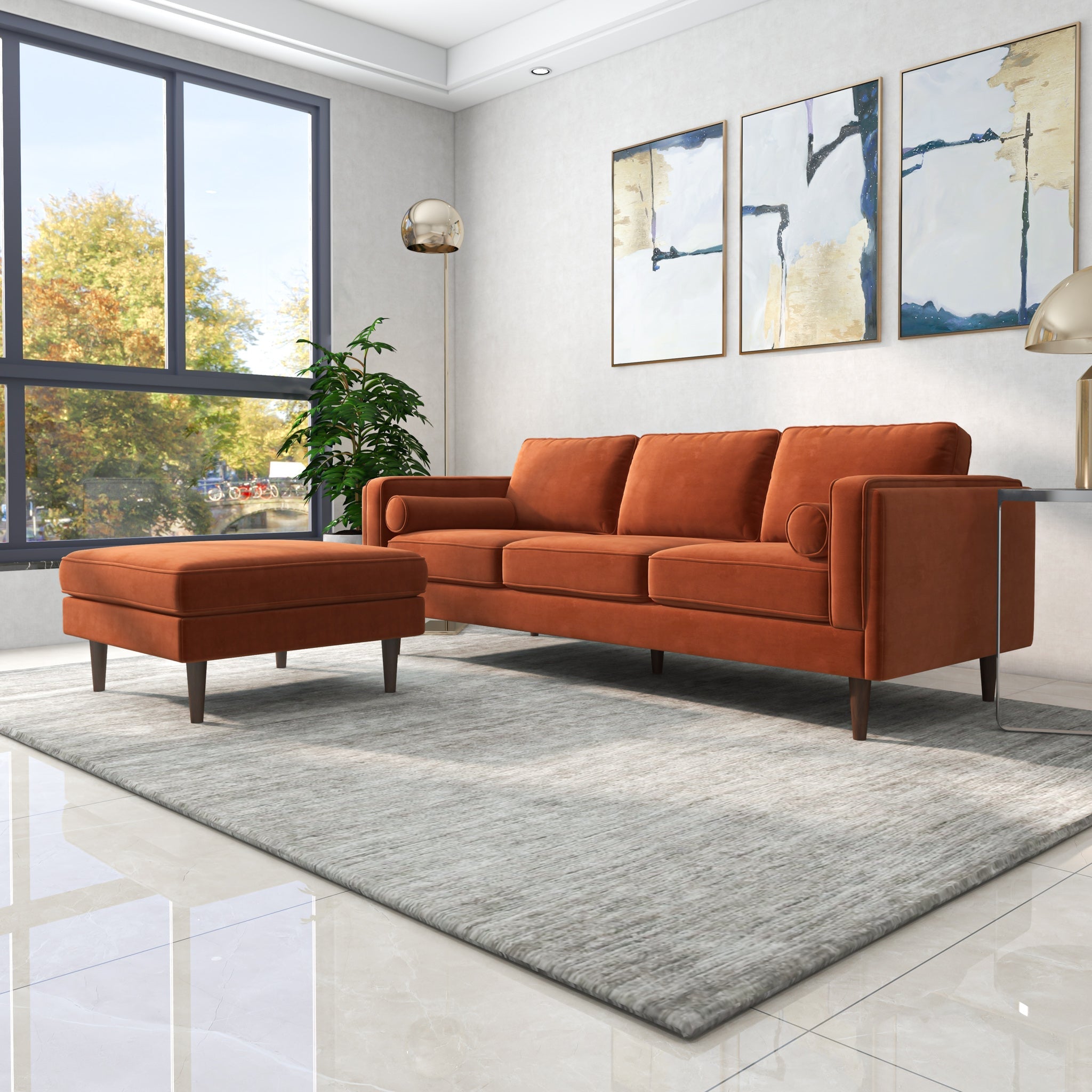 Fordham Burnt Orange Velvet Ottoman - MidinMod