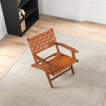 Lento Tan Strap Leather Teak Wood Lounge Chair | Mid in Mod | Houston TX | Best Furniture stores in Houston