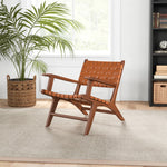 Lento Tan Strap Leather Teak Wood Lounge Chair | Mid in Mod | Houston TX | Best Furniture stores in Houston