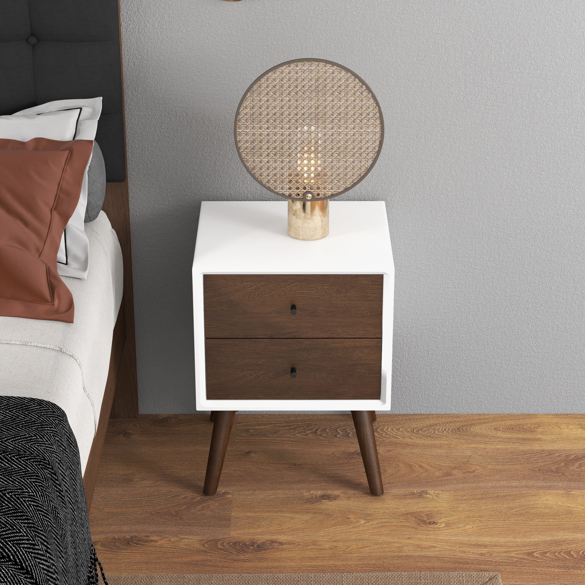 Noak White Walnut Mid Century Modern Style Night Stand - MidinMod