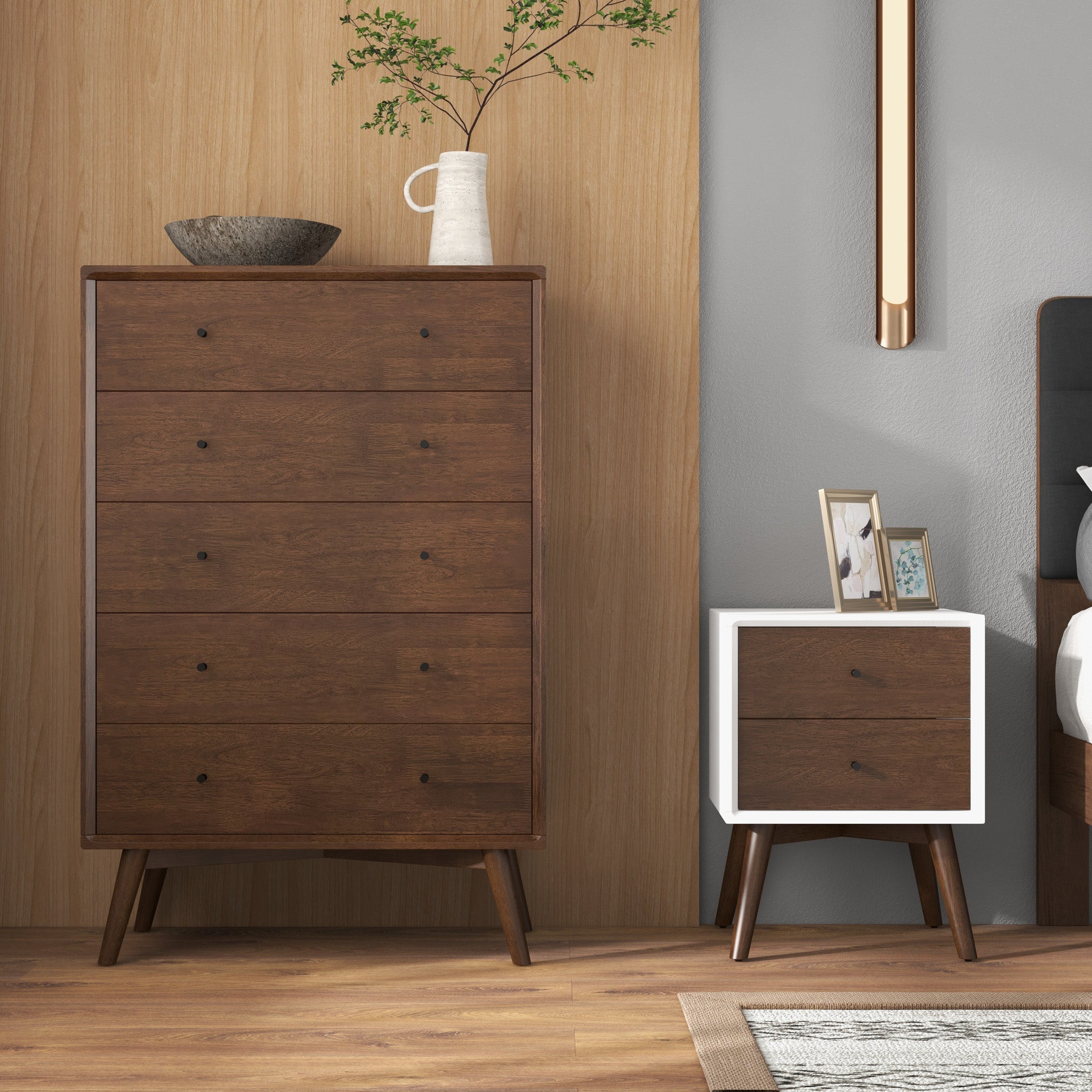 Noak White Walnut Mid Century Modern Style Night Stand - MidinMod