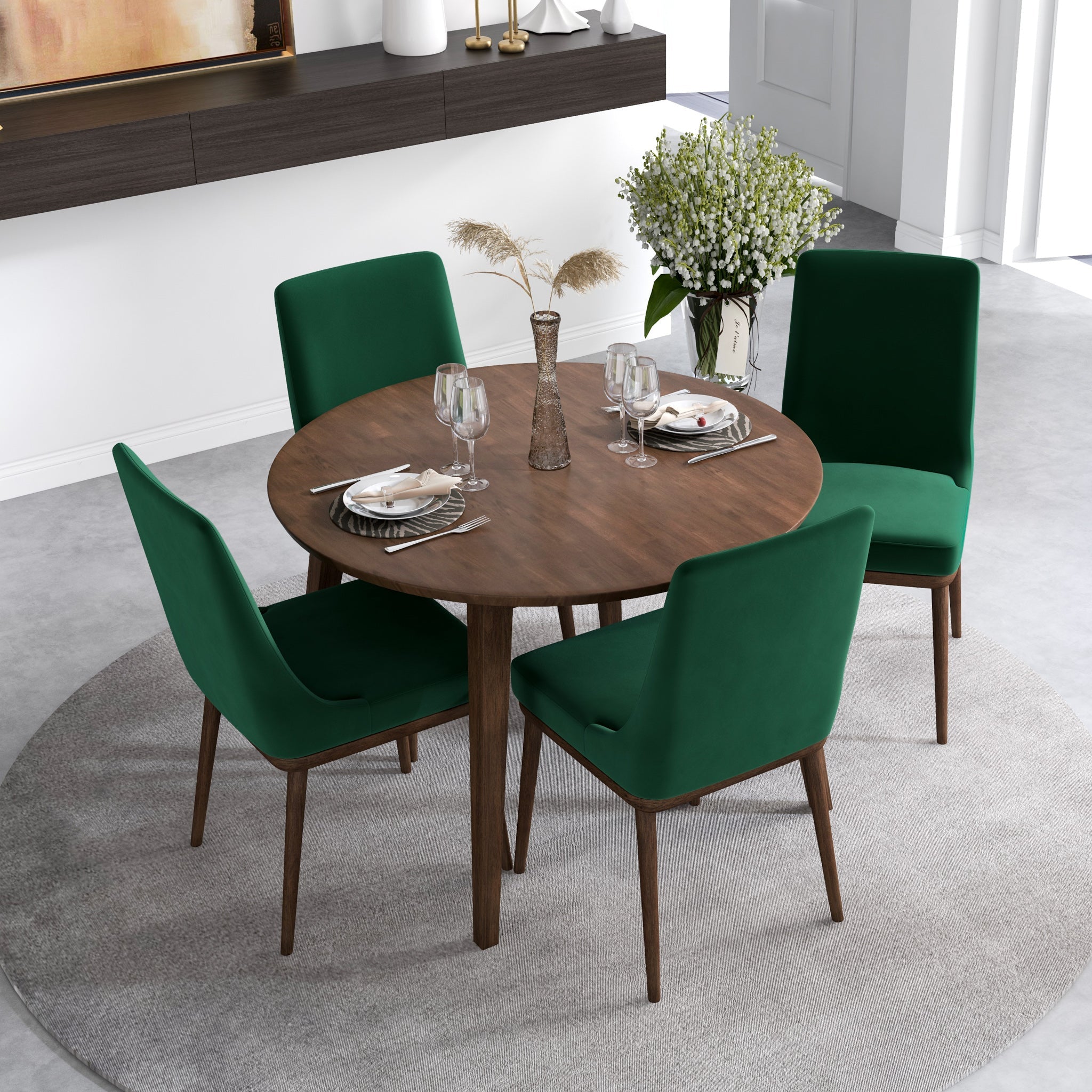 Palmer Walnut Dining Set with 4 Brighton Green Velvet Dining Chairs