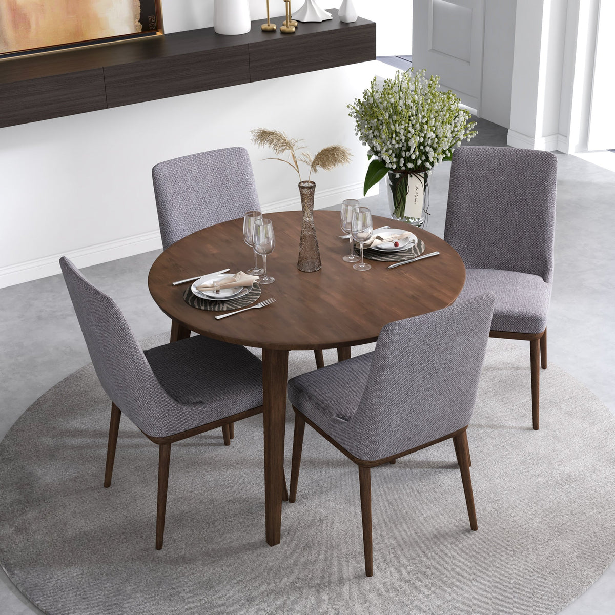 Palmer Walnut Dining Set - 4 Brighton Gray Fabric Chairs | MidinMod | TX | Best Furniture stores in Houston