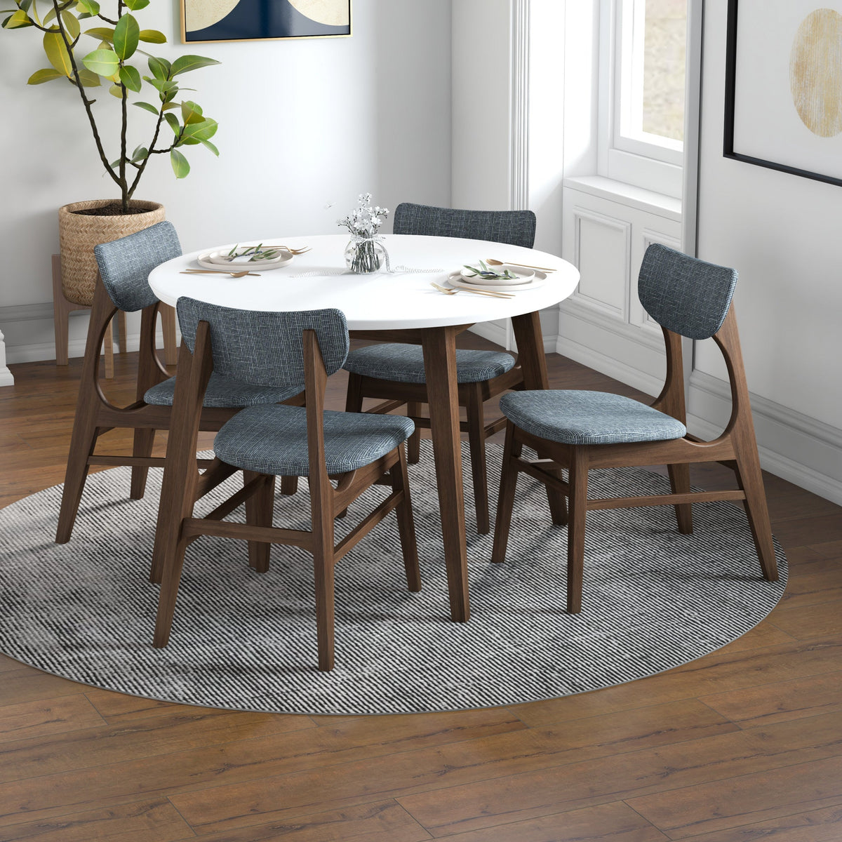 Palmer (White) Round Dining Set with 4 Collins (Grey) Dining Chairs | Mid in Mod | Houston TX | Best Furniture stores in Houston