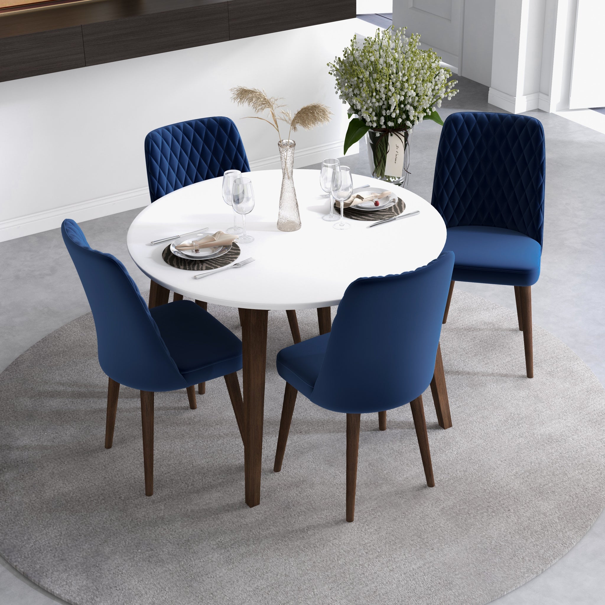 Dining set Palmer White Table with 4 Evette Blue Dining Chairs