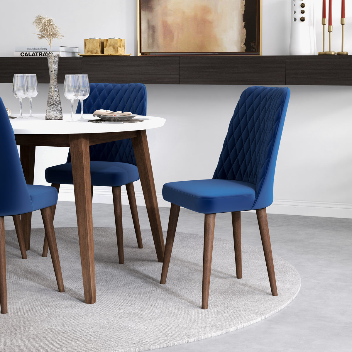 Dining set, Palmer White Table with 4 Evette Blue Dining Chairs | Mid in Mod | Houston TX | Best Furniture stores in Houston