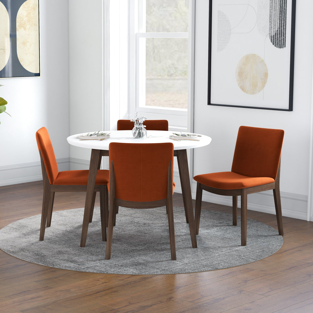 Dining Set Palmer White Top Table with 4 Virginia Burnt Orange Velvet Chairs | Mid in Mod | Houston TX | Best Furniture stores in Houston