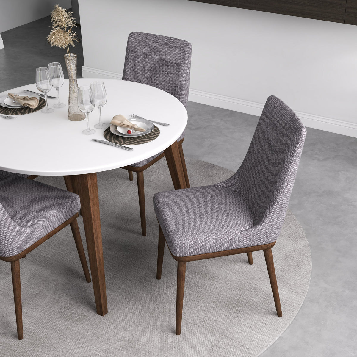 Palmer (White) Dining Set with 4 Brighton (Gray Fabric) Dining Chairs | Mid in Mod | Houston TX | Best Furniture stores in Houston