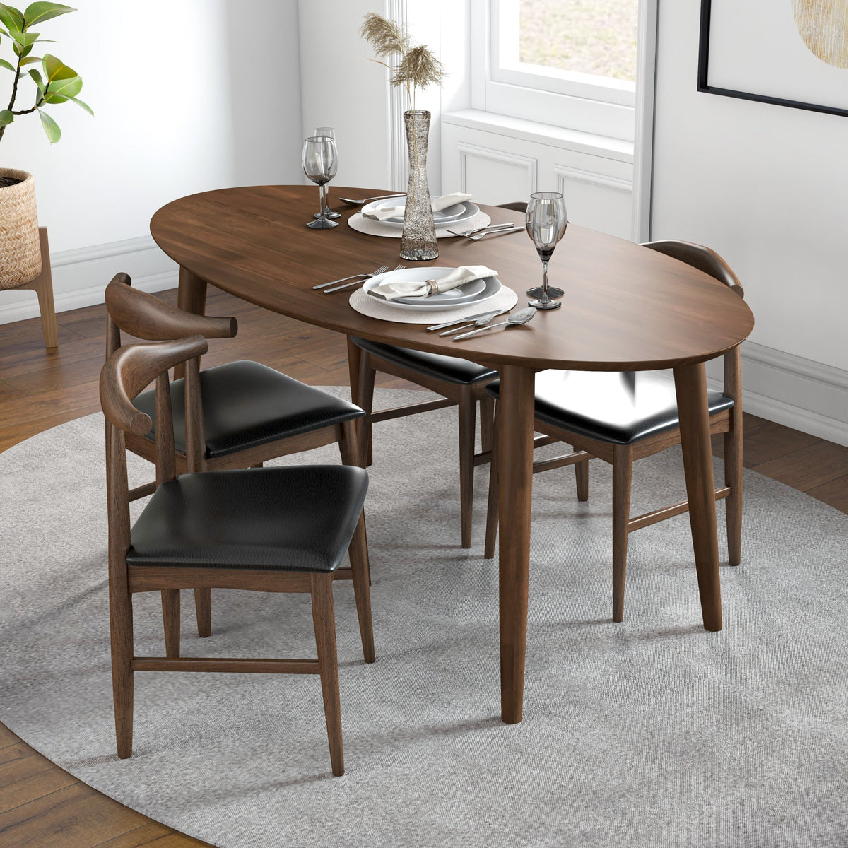 Rixos Walnut Dining Set - 4 Winston Black Leather Chairs | MidinMod | TX | Best Furniture stores in Houston