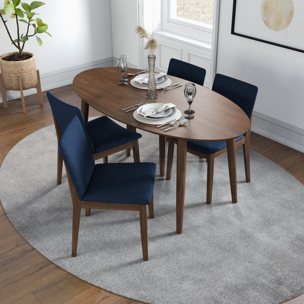Dining set, Rixos Walnut Table with 4 Virginia Blue Fabric Chairs | Mid in Mod | Houston TX | Best Furniture stores in Houston