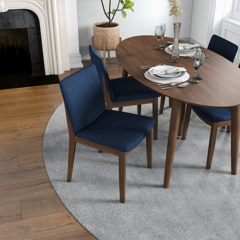 Dining set, Rixos Walnut Table with 4 Virginia Blue Fabric Chairs | Mid in Mod | Houston TX | Best Furniture stores in Houston