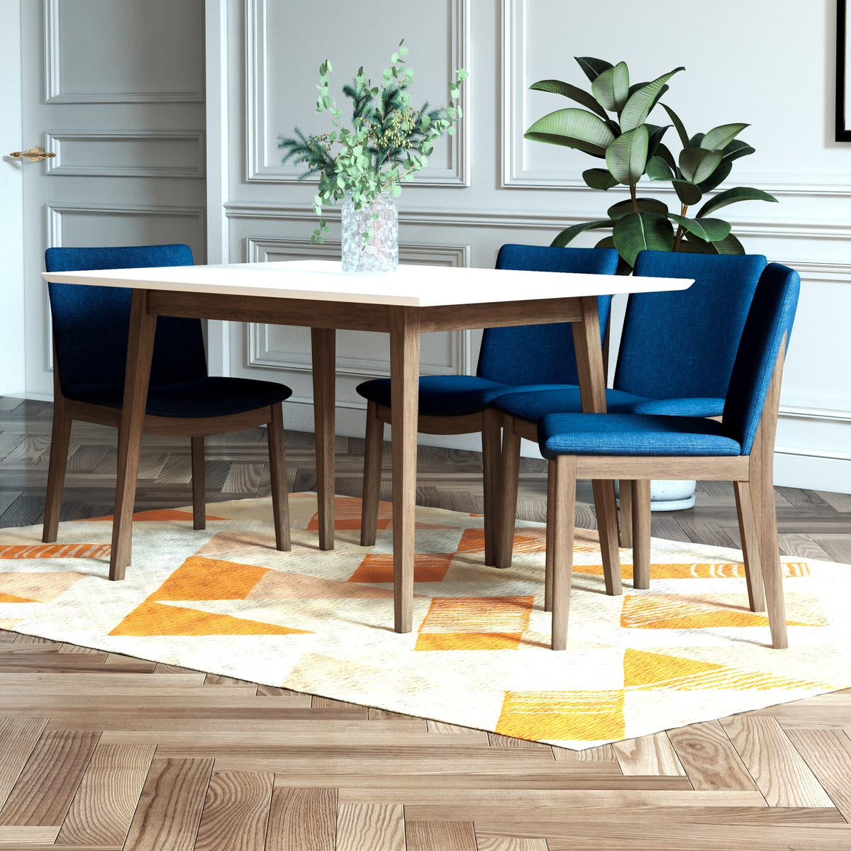 Adira Small White Top Dining Set - 4 Virginia Dark Blue Chairs | MidinMod | TX | Best Furniture stores in Houston