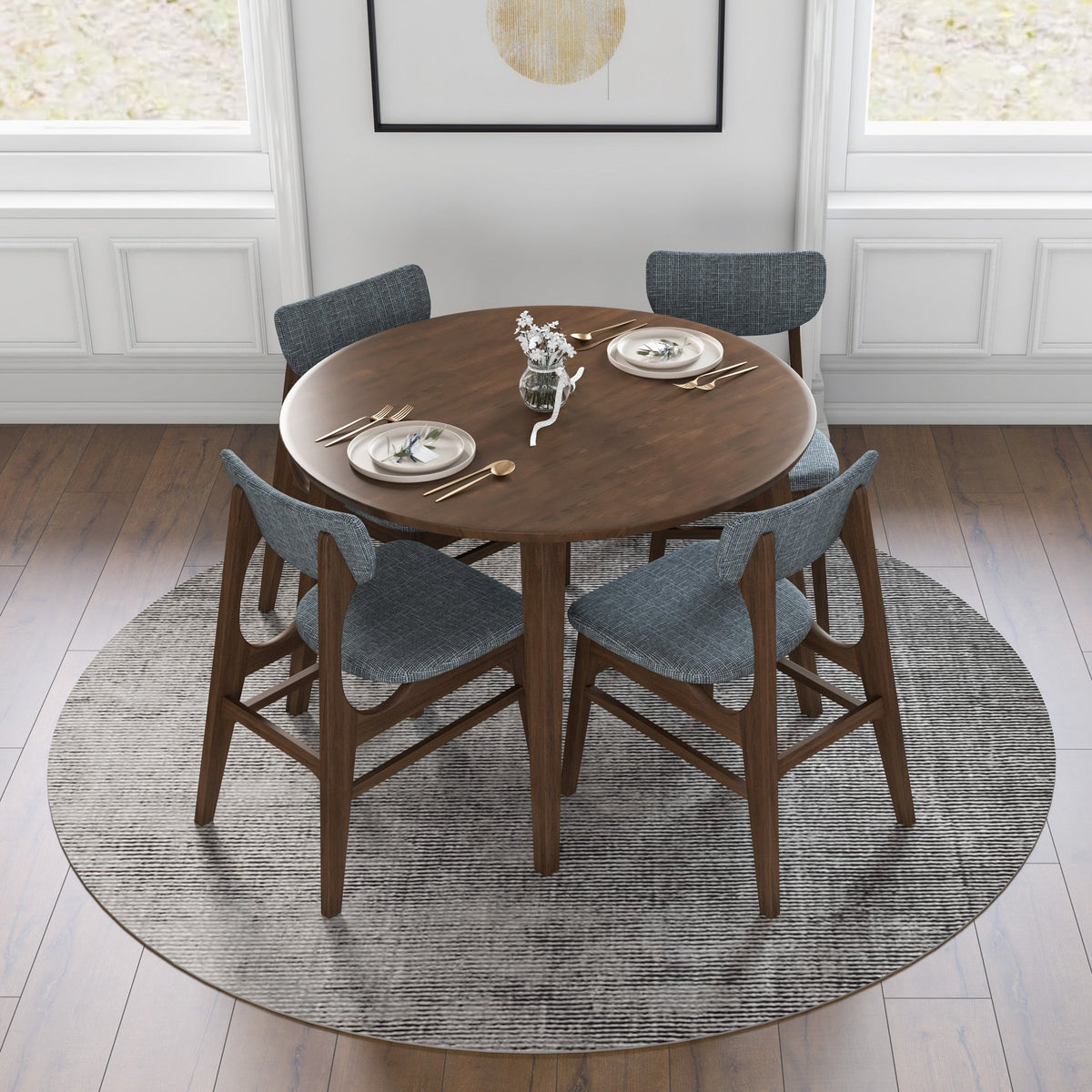 Palmer (Walnut) Round Dining Set with 4 Collins (Grey) Dining Chairs | Mid in Mod | Houston TX | Best Furniture stores in Houston