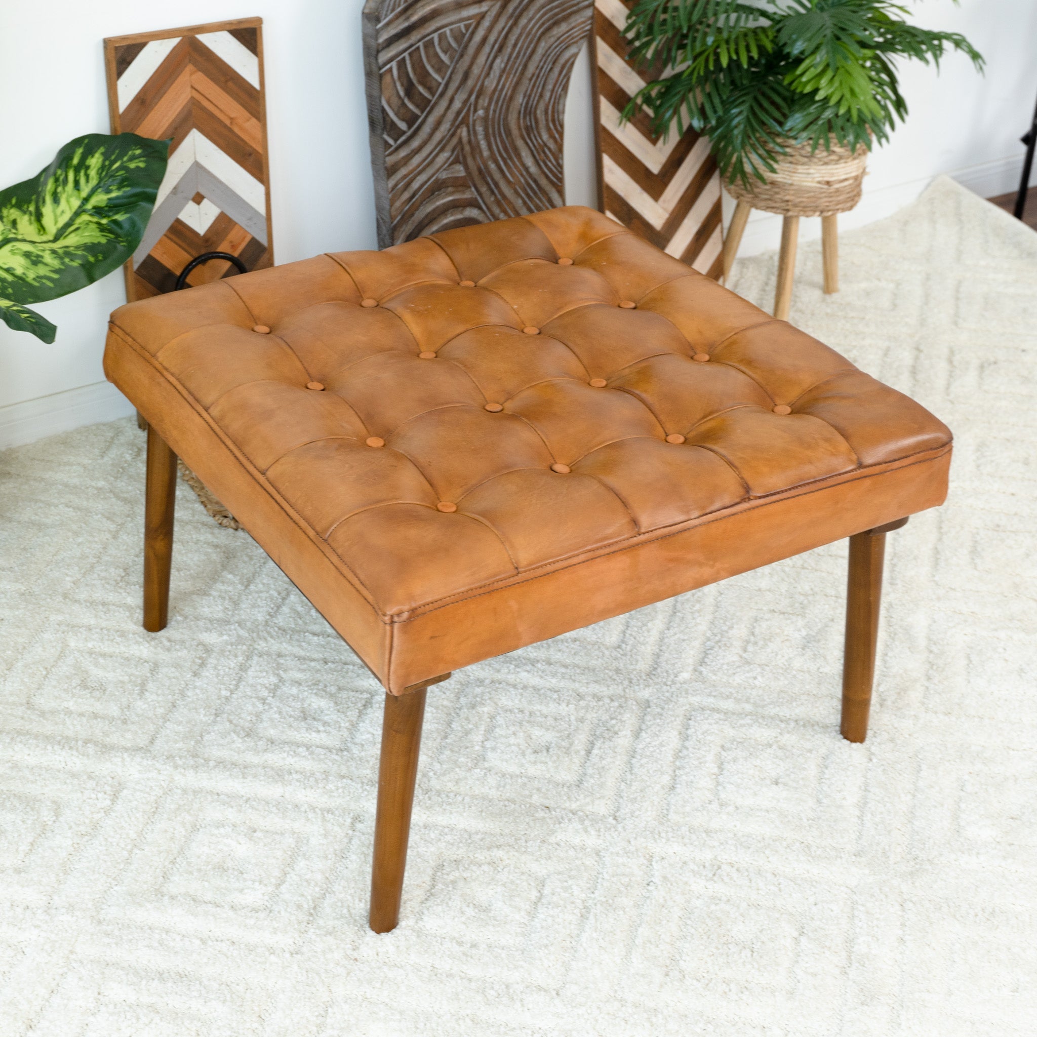 Katy Tan Leather Ottoman w/ Buttons - MidinMod