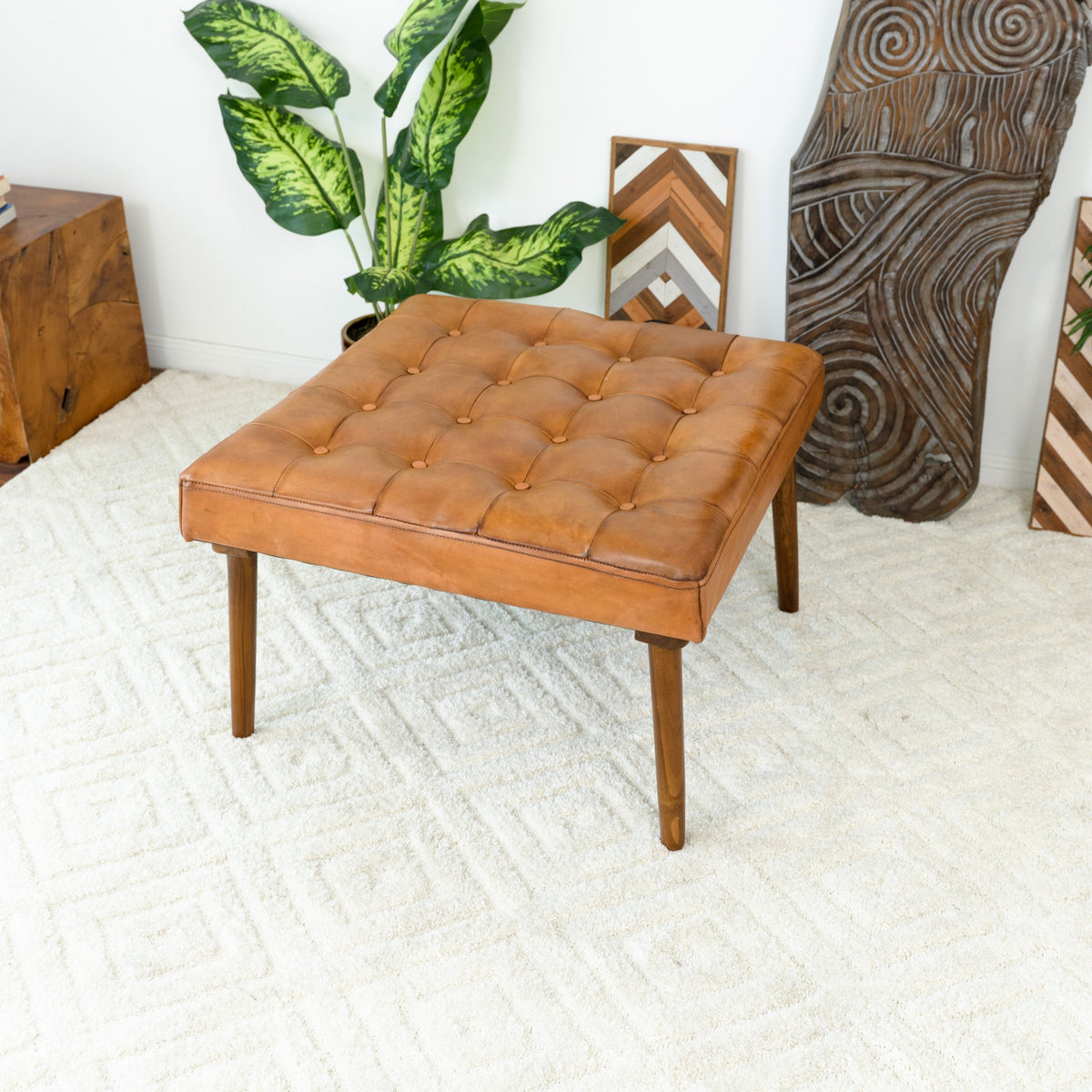 Katy Leather Ottoman - Tan Leather | MidinMod | Houston TX | Best Furniture stores in Houston
