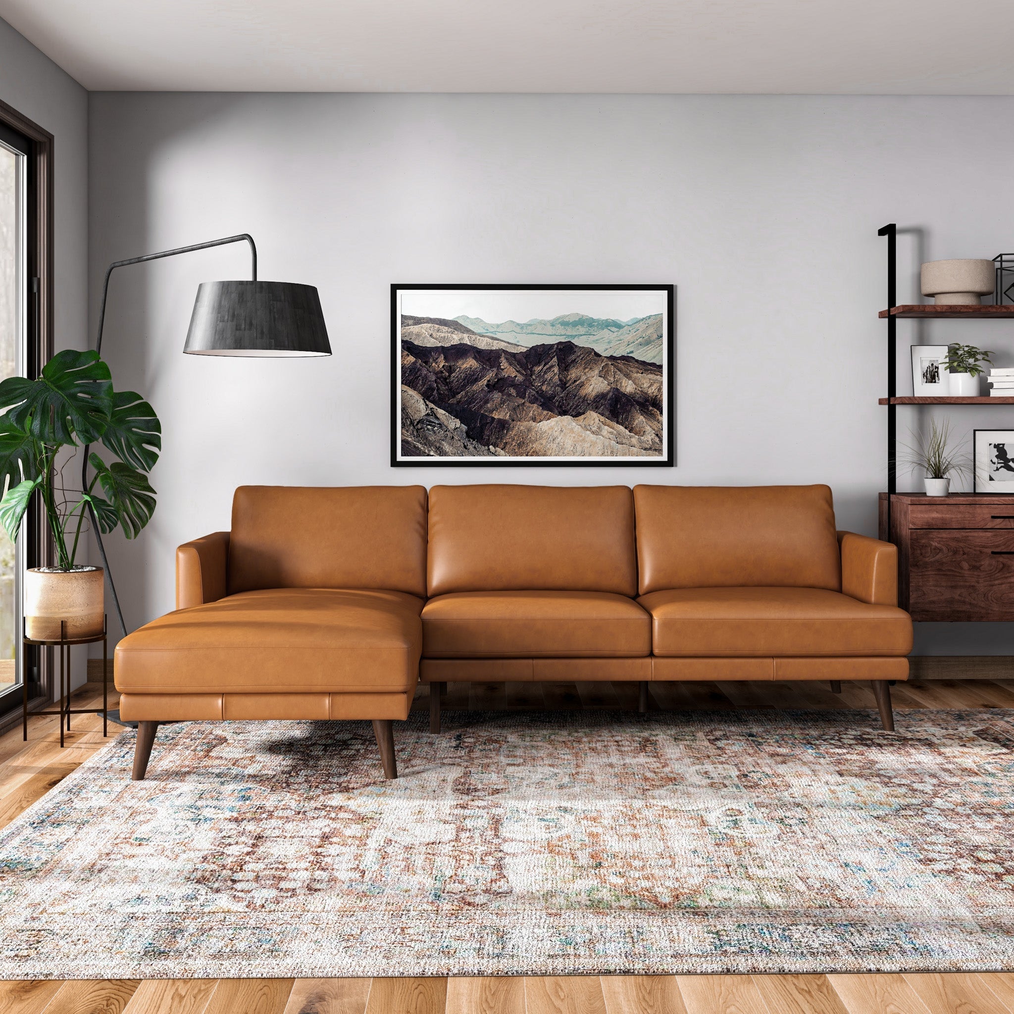 Lorena Tan Leather L Shape Corner Sofa Left Facing Chaise - MidinMod