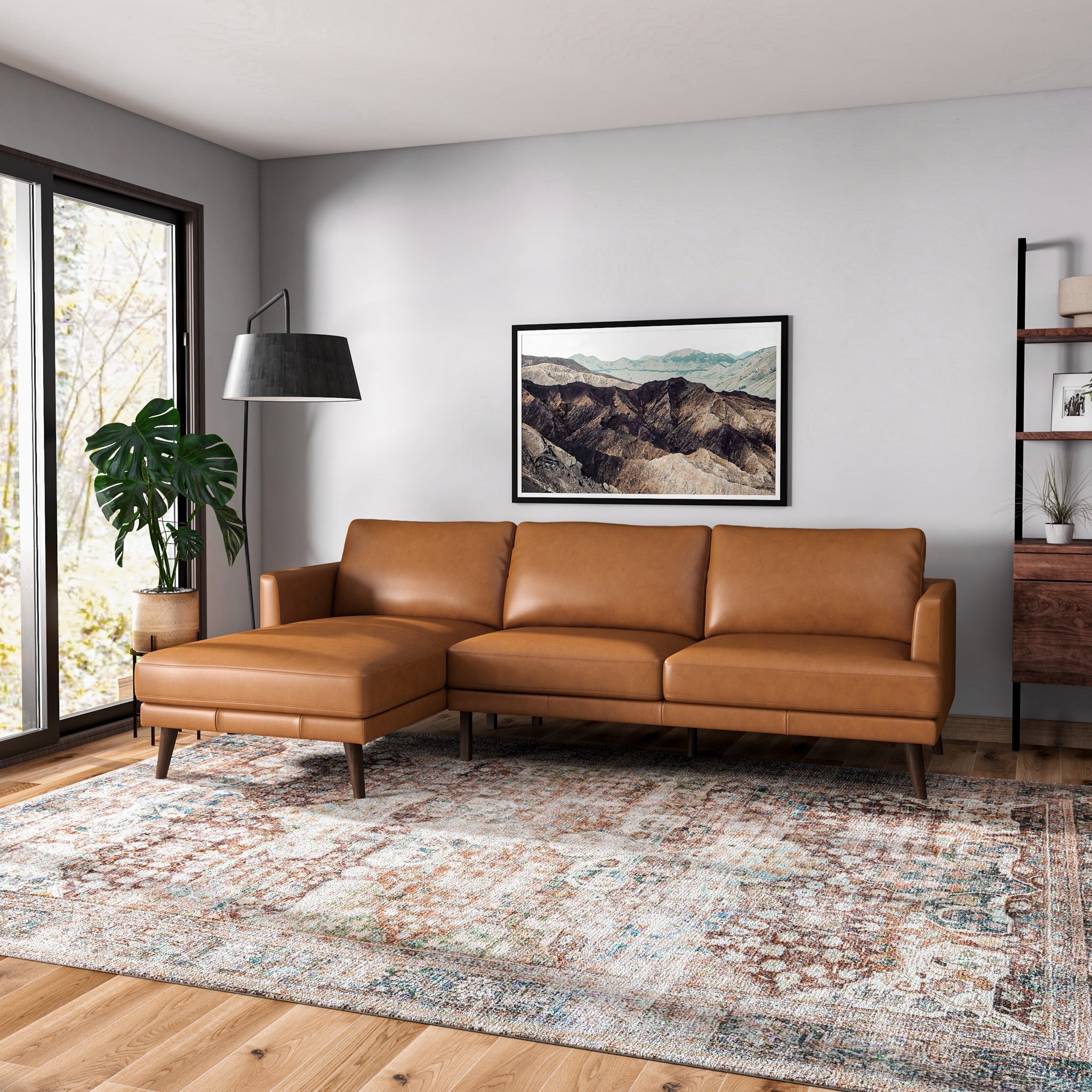 Lorena Tan Leather L Shape Corner Sofa Left Facing Chaise - MidinMod