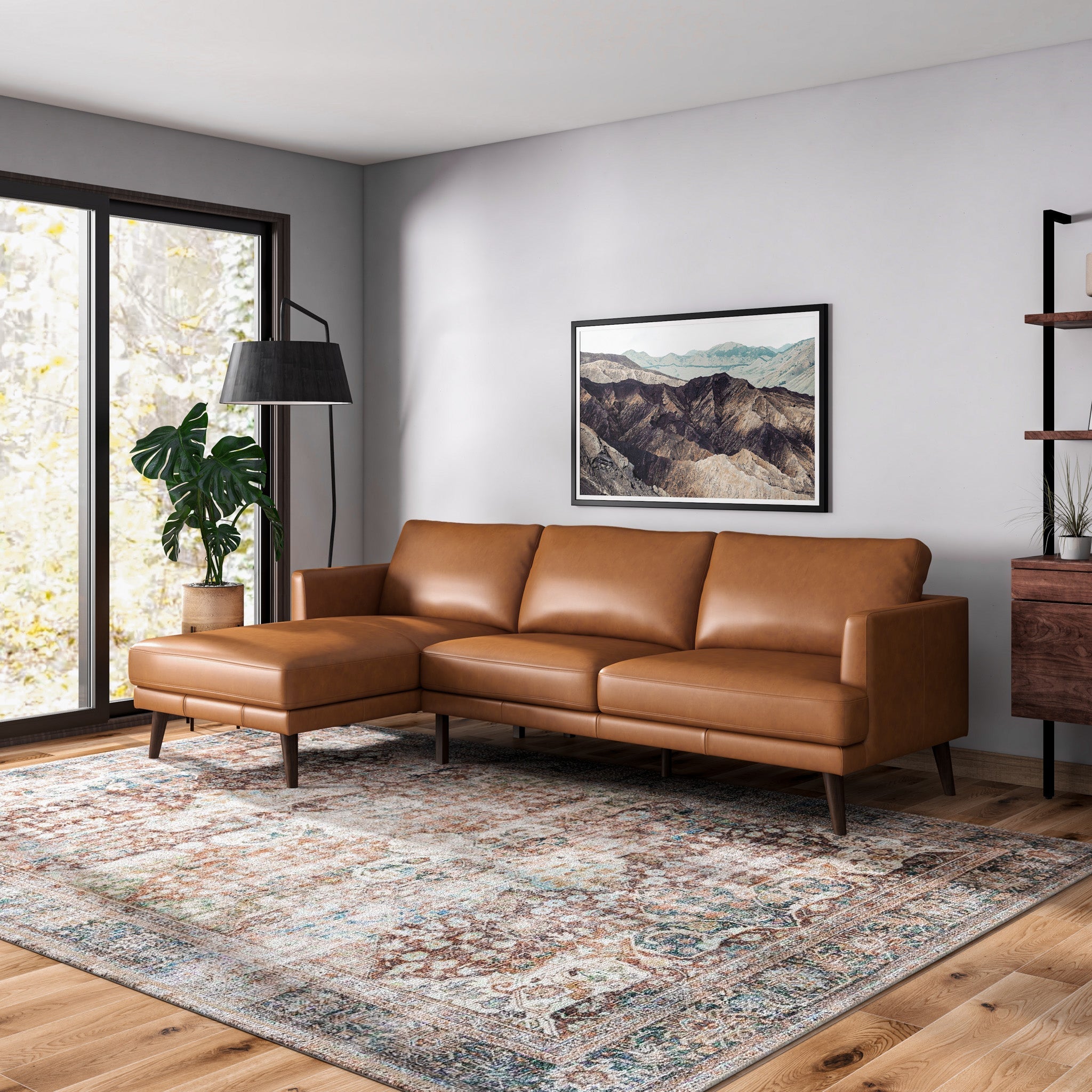 Lorena Tan Leather L Shape Corner Sofa Left Facing Chaise - MidinMod