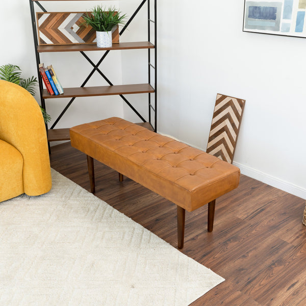 Banten Tan Leather Bench | Mid-Century Modern Tufted Genuine Leather Seating | MidinMod
