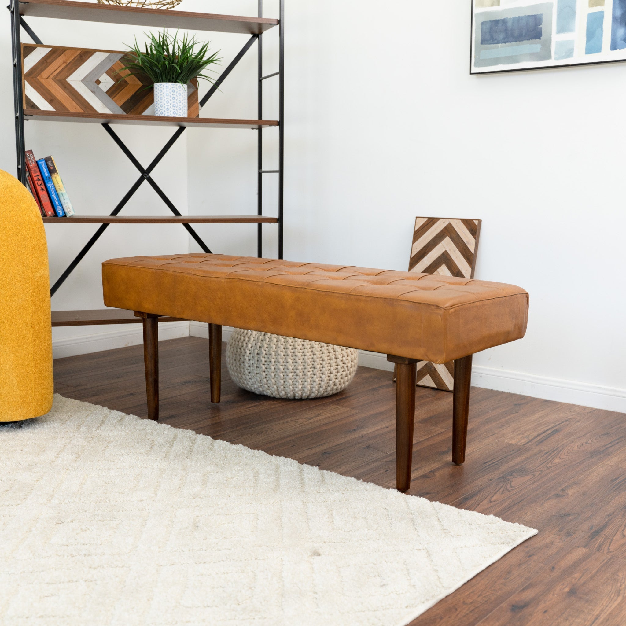 Banten Tan Leather Bench | Mid-Century Modern Tufted Genuine Leather Seating | MidinMod