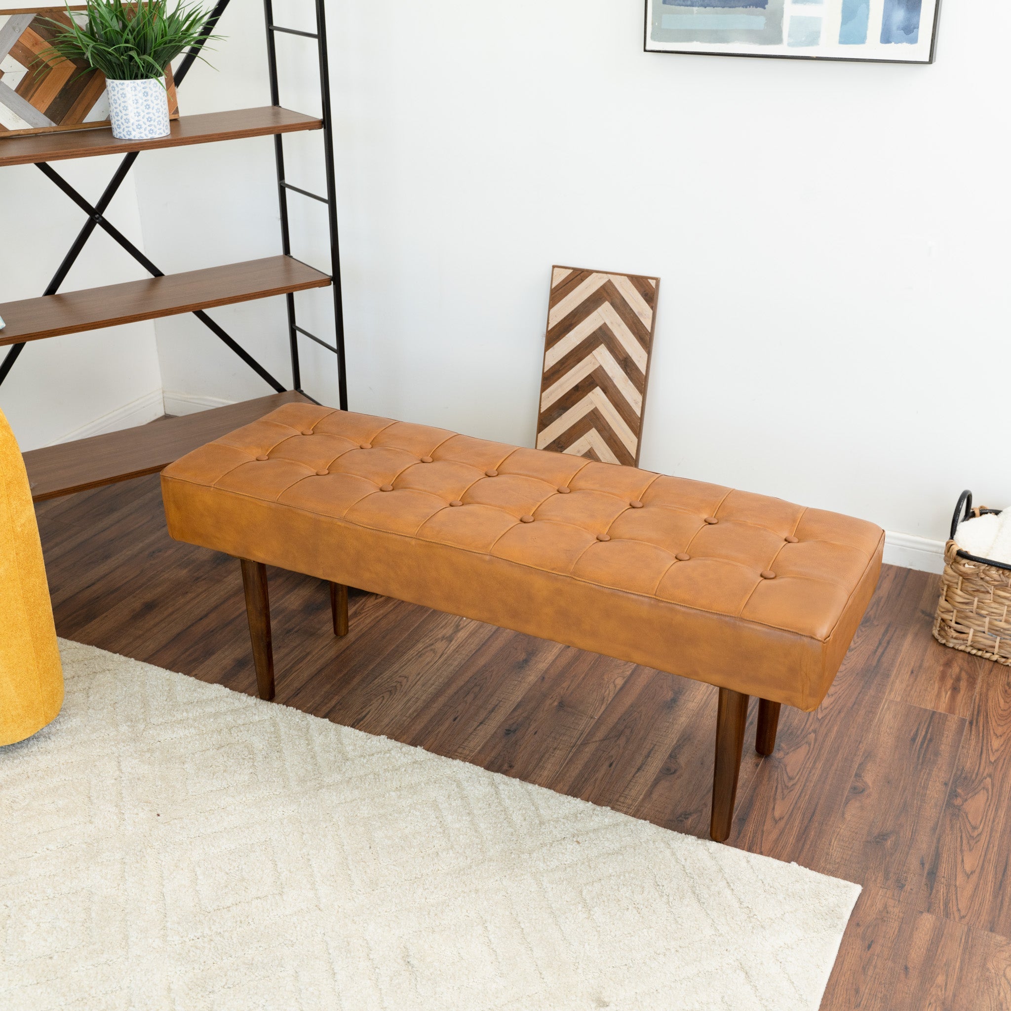 Banten Tan Leather Bench | Mid-Century Modern Tufted Genuine Leather Seating | MidinMod