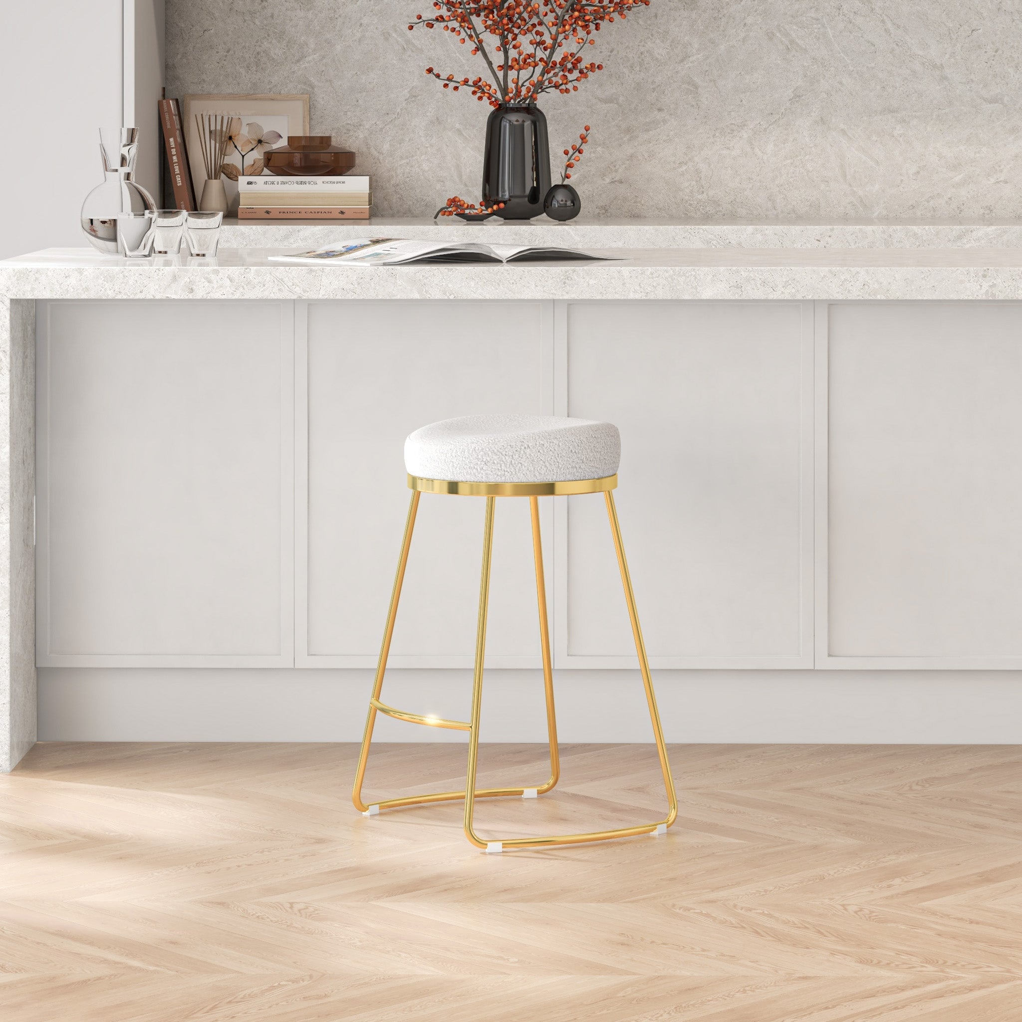 Bissel Mid-Century Modern Beige Boucle Counter Stool with Gold Legs | MidinMod