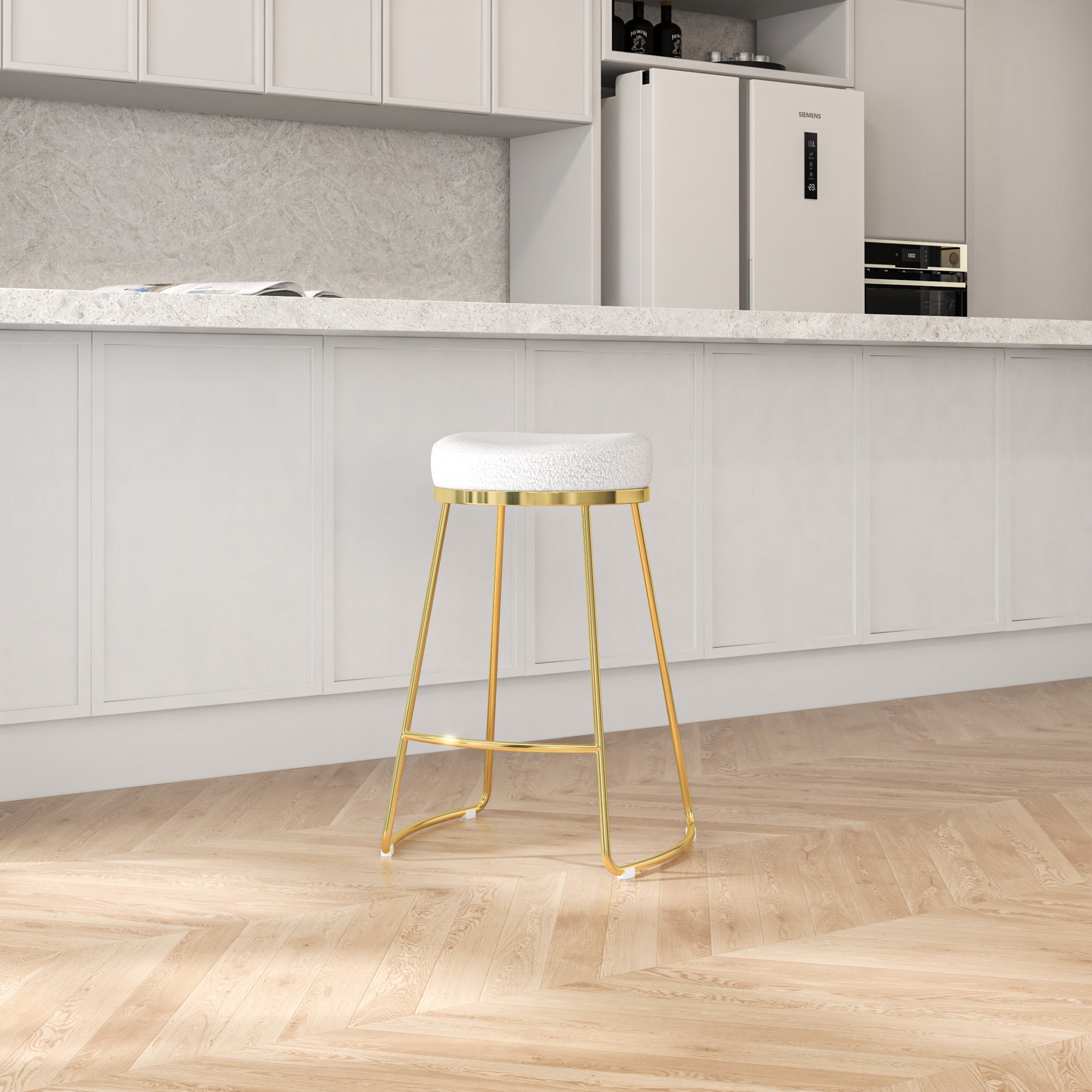 Bissel Mid-Century Modern Beige Boucle Counter Stool with Gold Legs | MidinMod