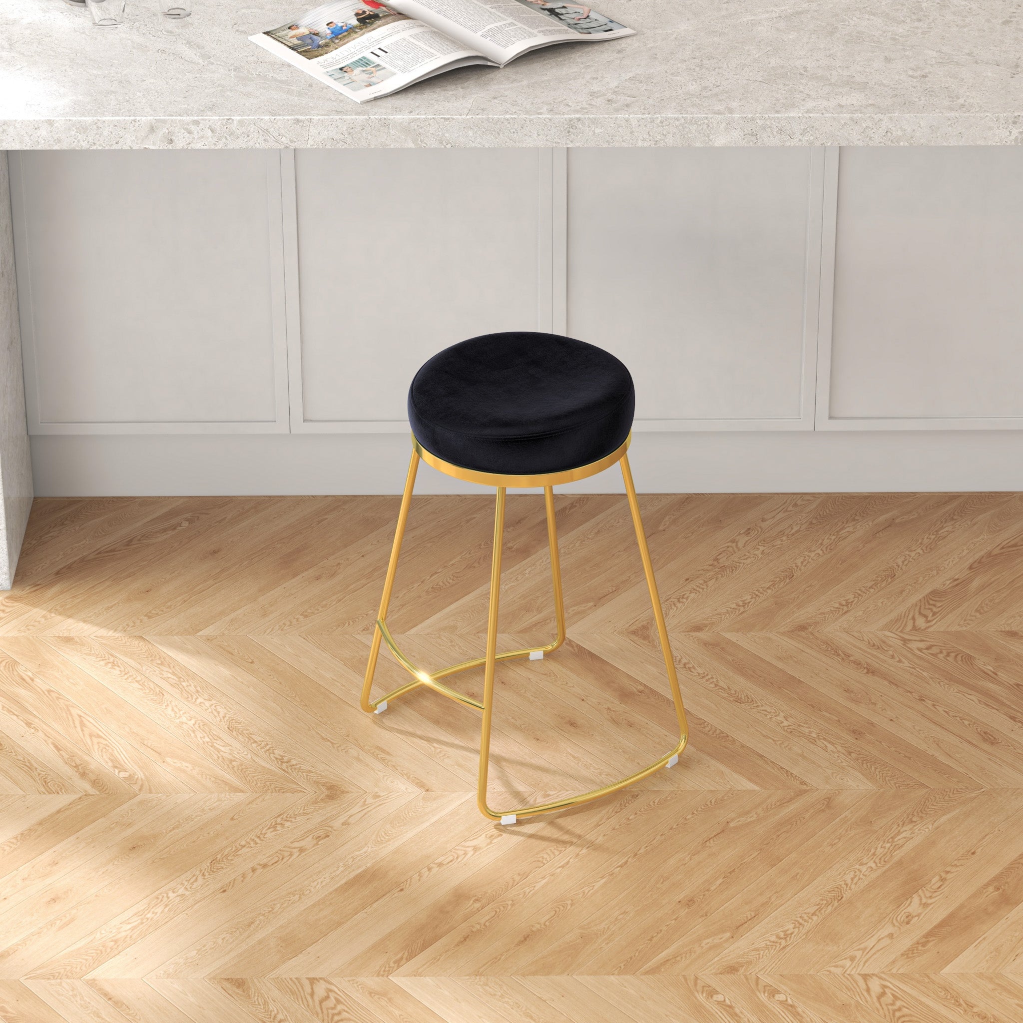 Bissel Mid-Century Modern Black Velvet Counter Stool with Gold Legs | MidinMod