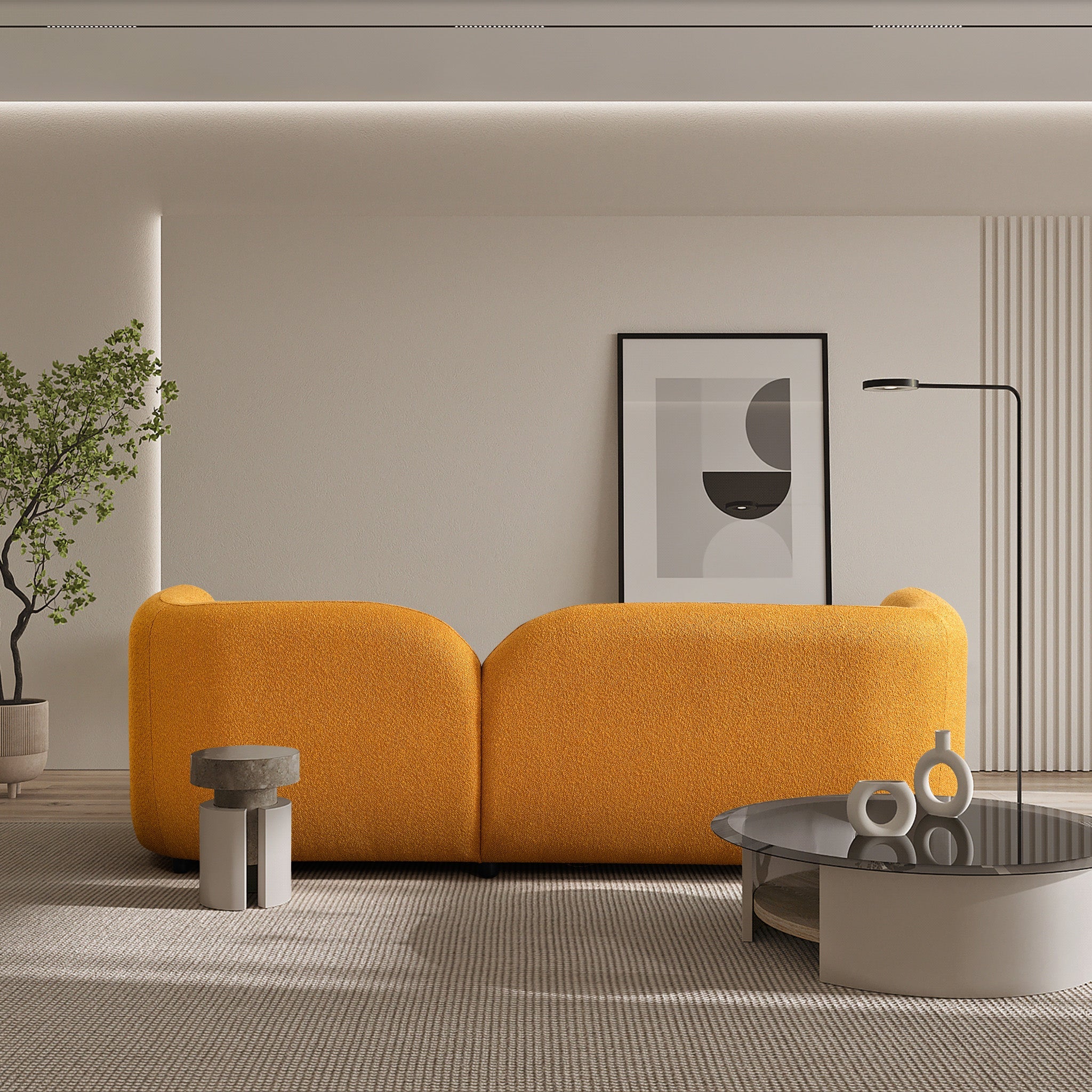 Bodrum Dark Yellow Curved Boucle Sofa - MidinMod