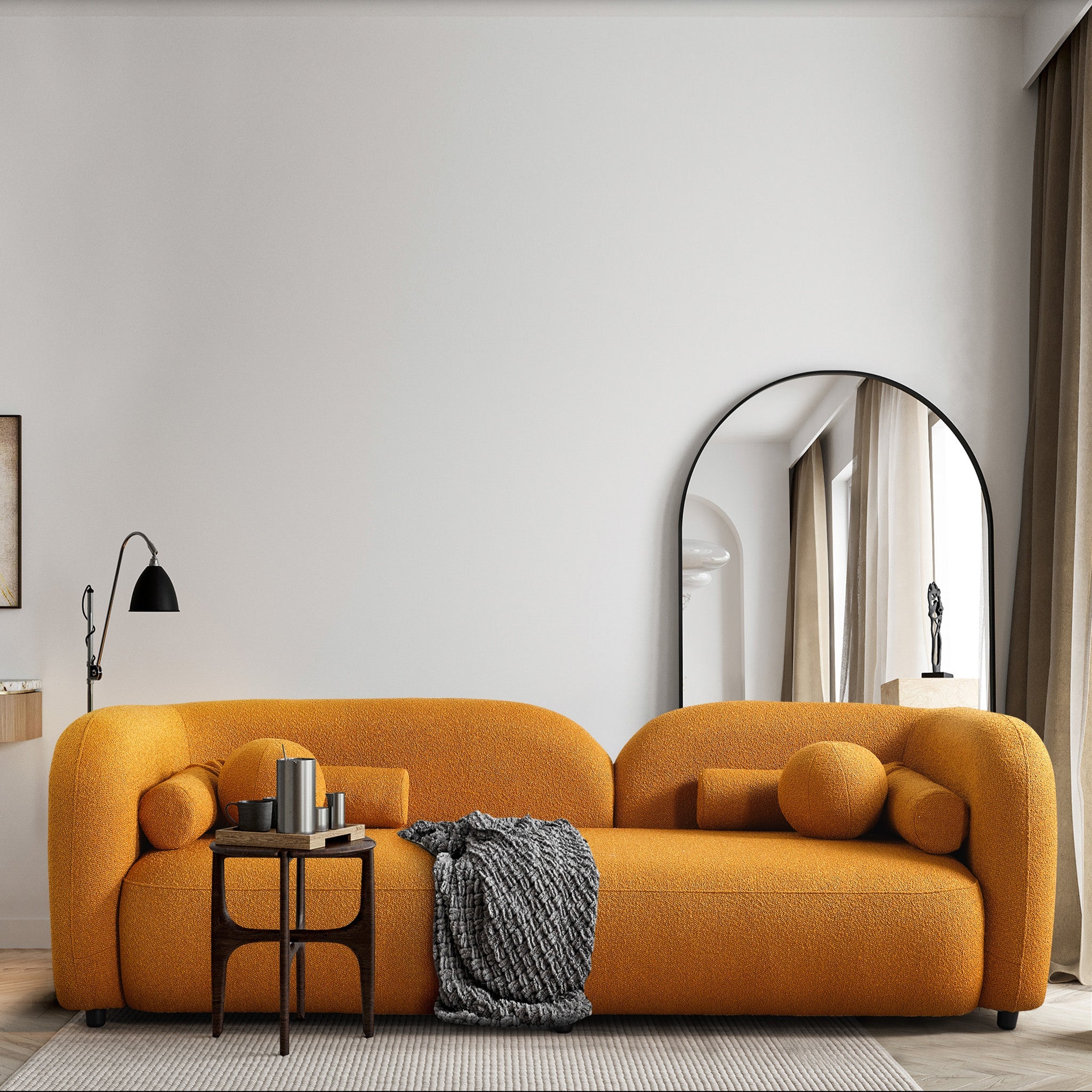 Bodrum Dark Yellow Curved Boucle Sofa - MidinMod