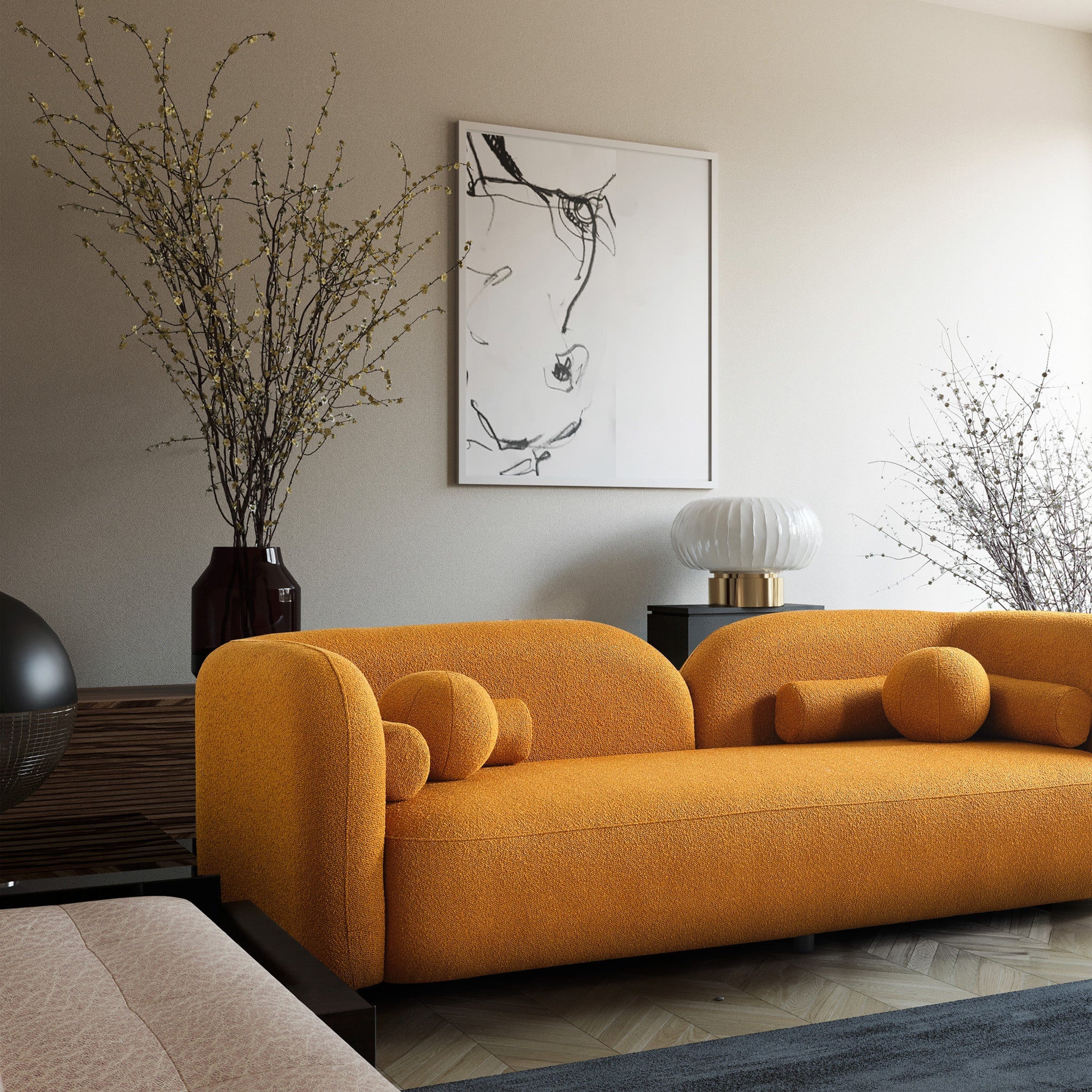 Bodrum Dark Yellow Curved Boucle Sofa - MidinMod