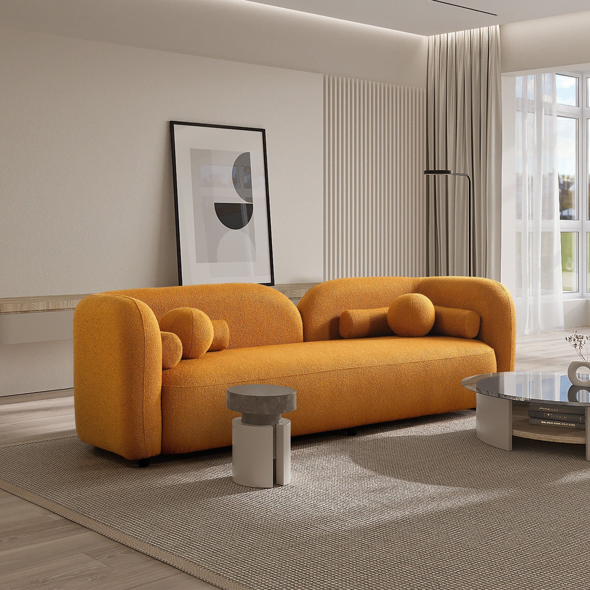 Bodrum Dark Yellow Curved Boucle Sofa - MidinMod