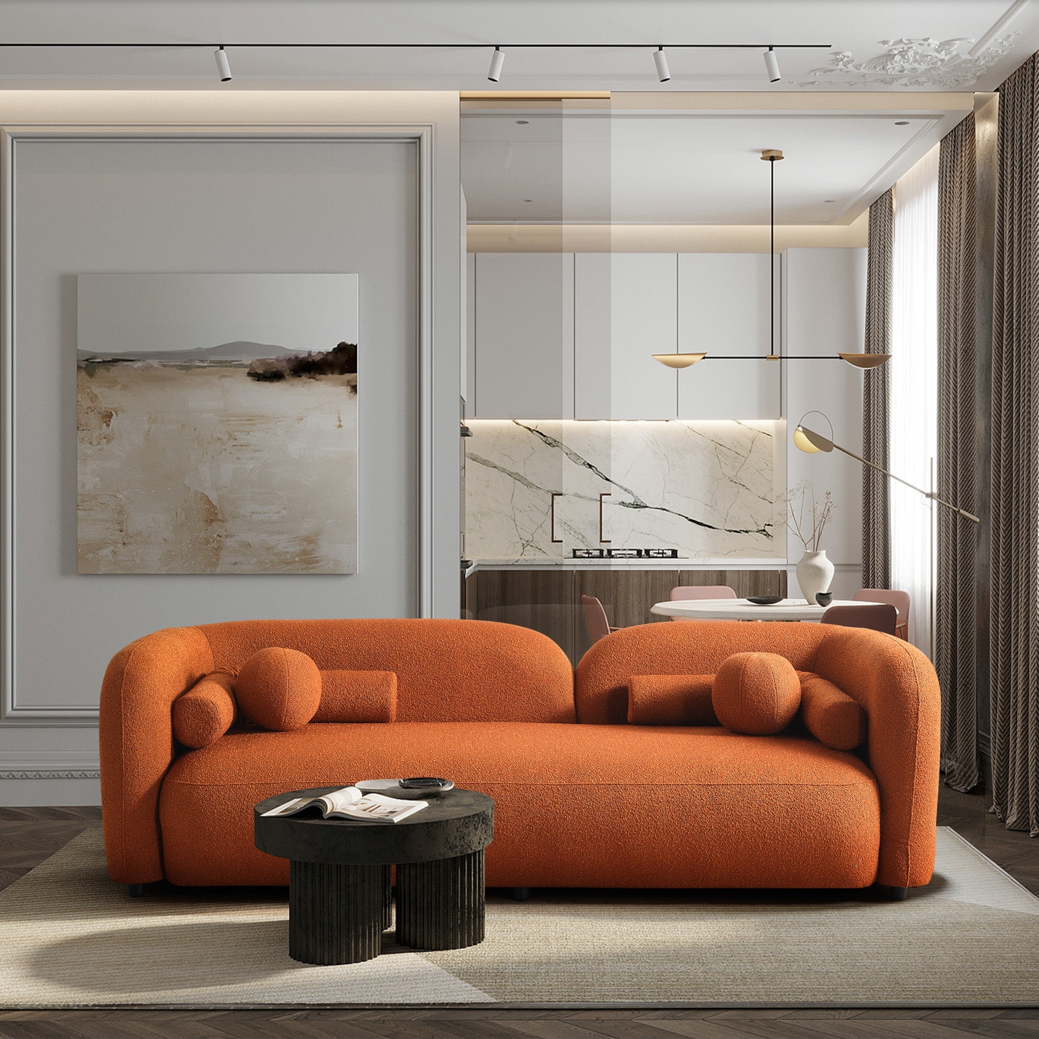 Bodrum Burnt Orange Boucle Curved Sofa - MidinMod