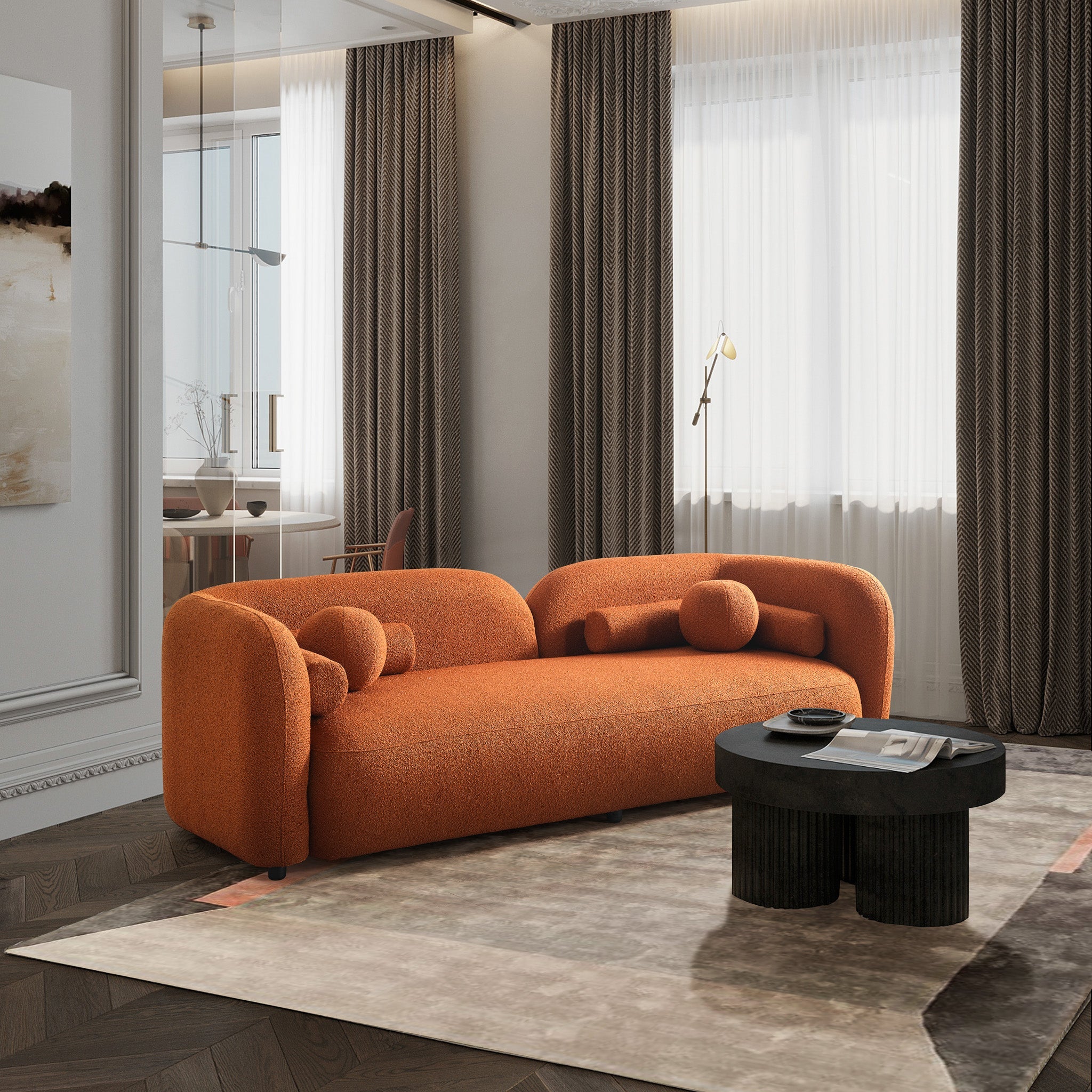 Bodrum Burnt Orange Boucle Curved Sofa - MidinMod