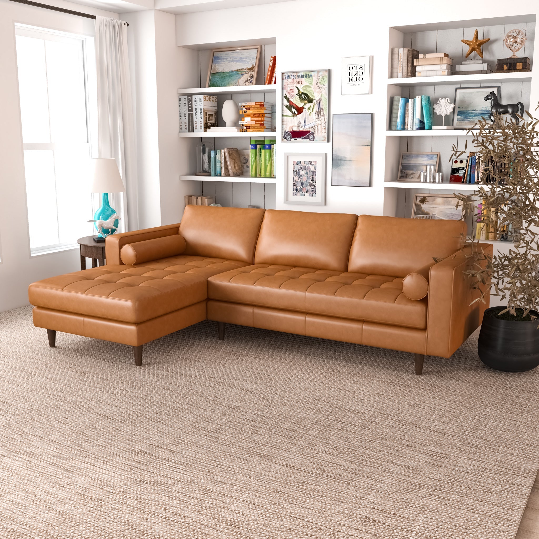 Daphne Tan Leather L Shape Corner Sofa Left Facing Chaise - MidinMod