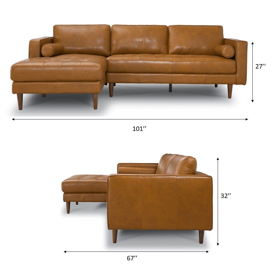 Daphne Tan Leather L Shape Corner Sofa Left Facing Chaise - MidinMod