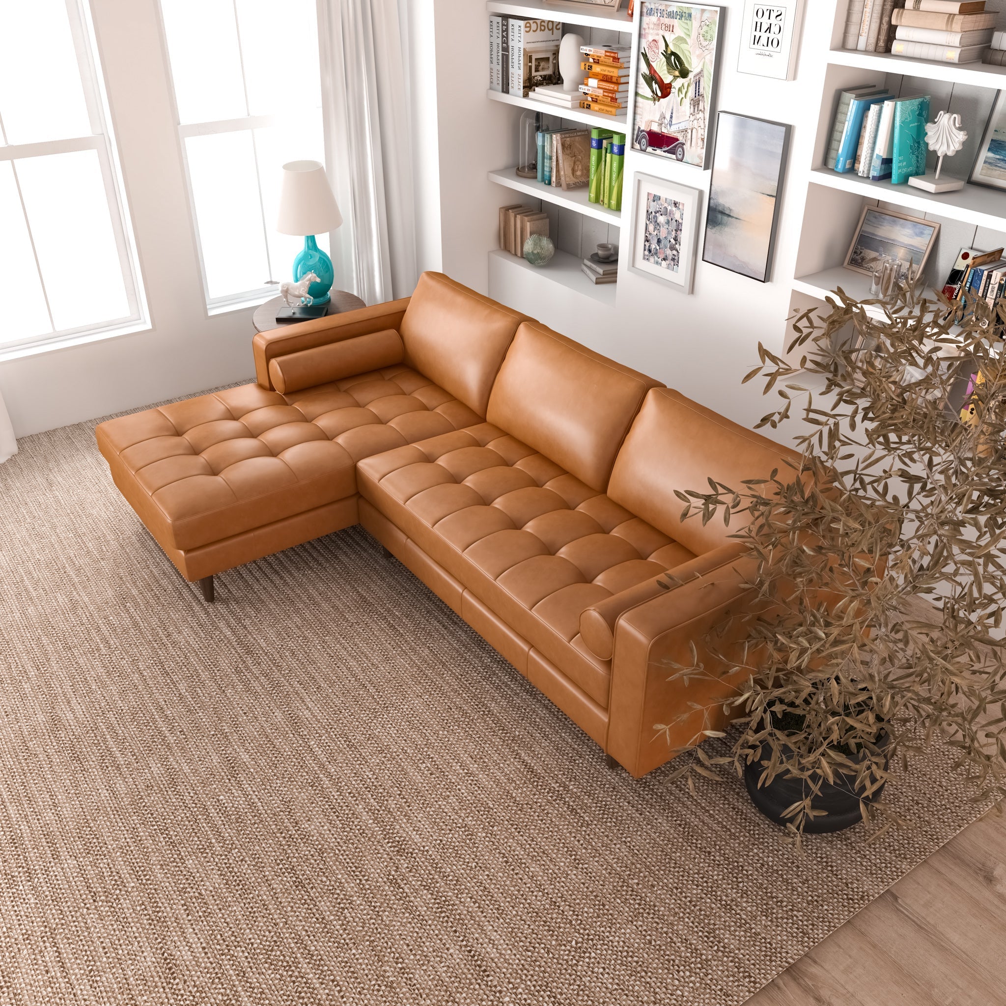 Daphne Tan Leather L Shape Corner Sofa Left Facing Chaise - MidinMod