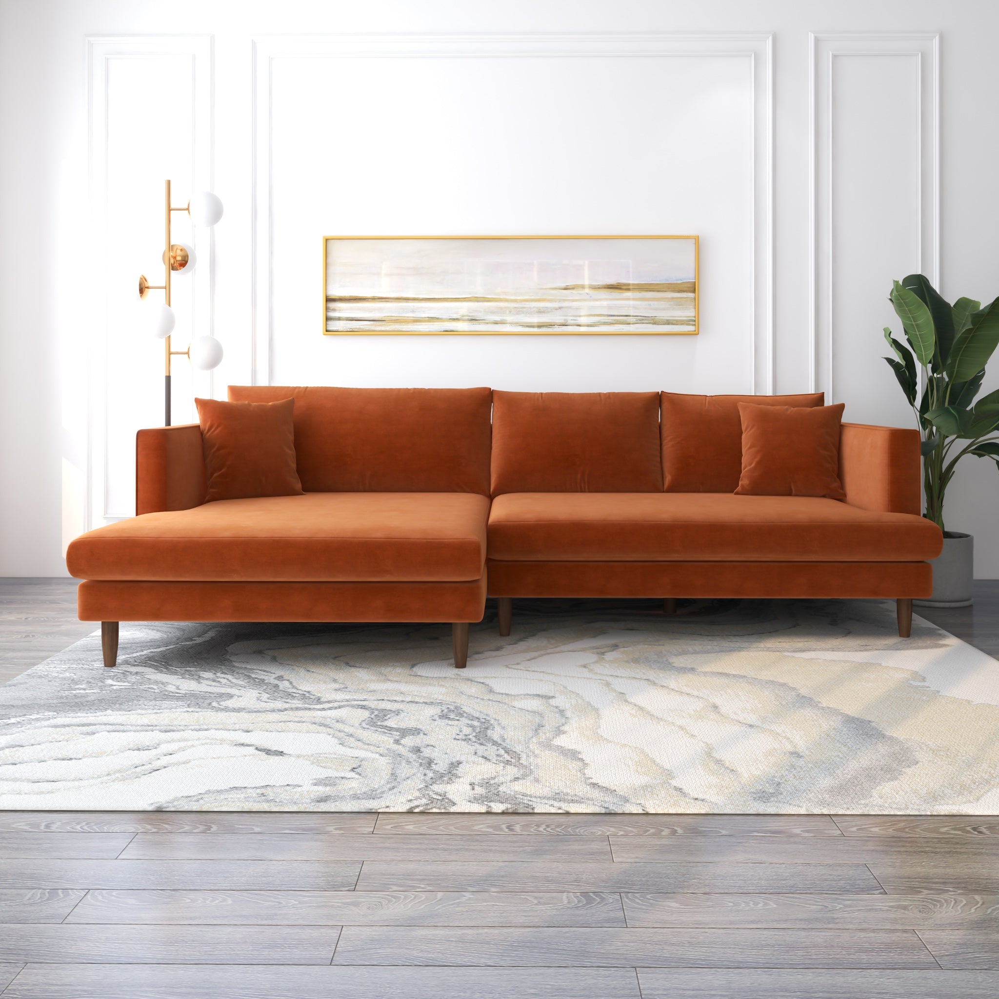 Delano Burnt Orange Velvet Sectional Sofa Left Facing Chaise - MidinMod